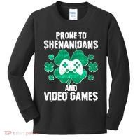 Prone To Shenanigans Video Games Shamrock Gamer Kids Long Sleeve Shirt thumb 0