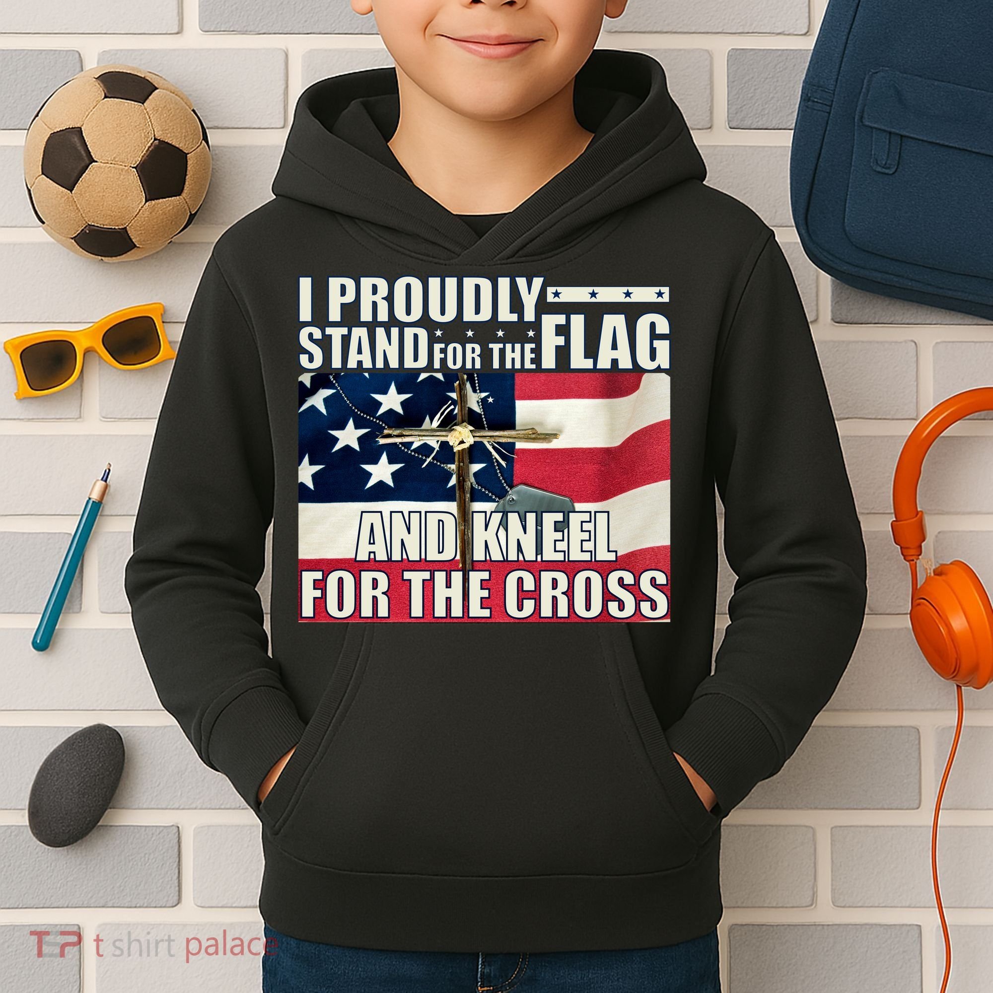 Proudly Stand For The Flag And Kneel For The Cross Kids Hoodie