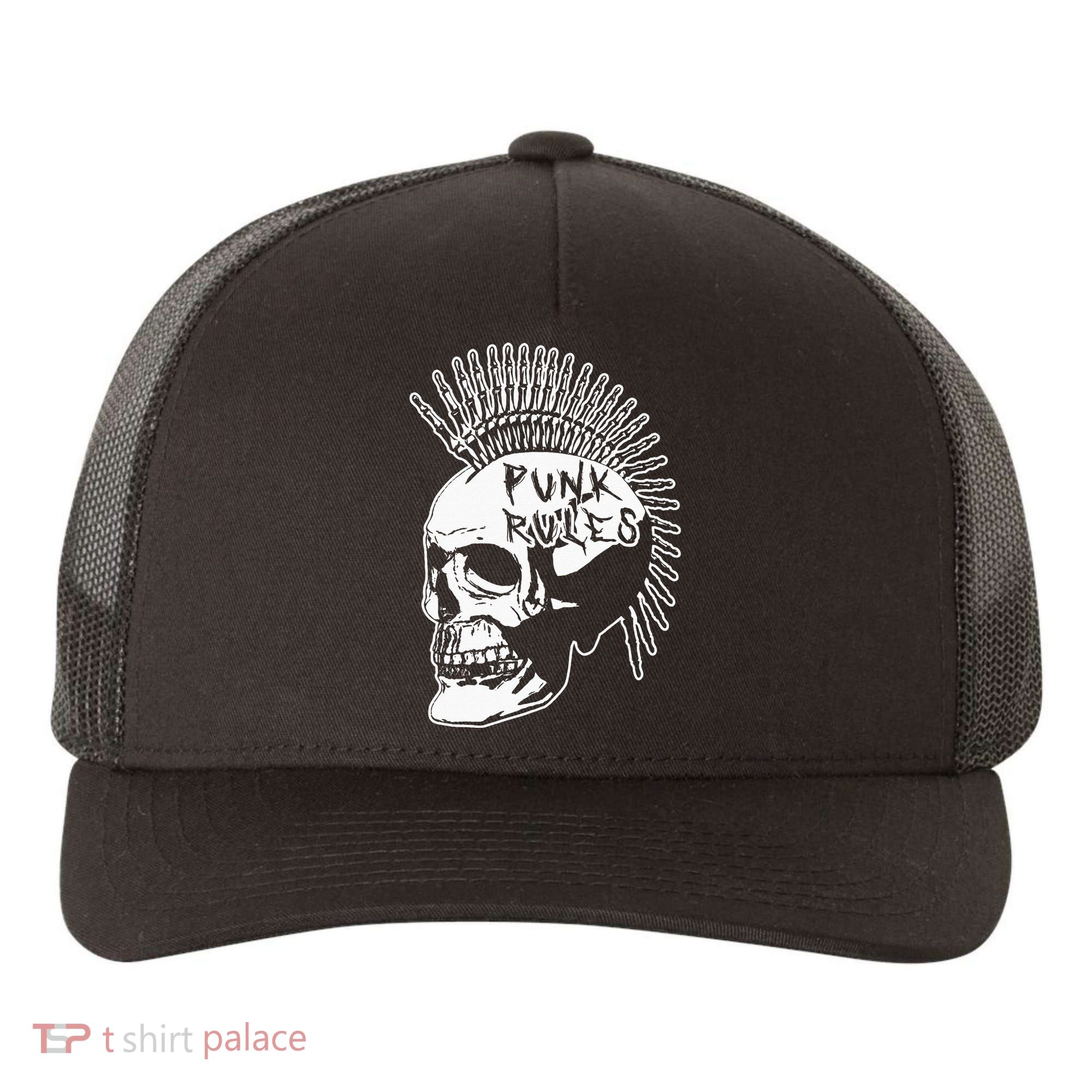 Punk Rock Rules Heavy Metal Skull Punker Rocker Mohawk Music Yupoong Adult 5-Panel Trucker Hat