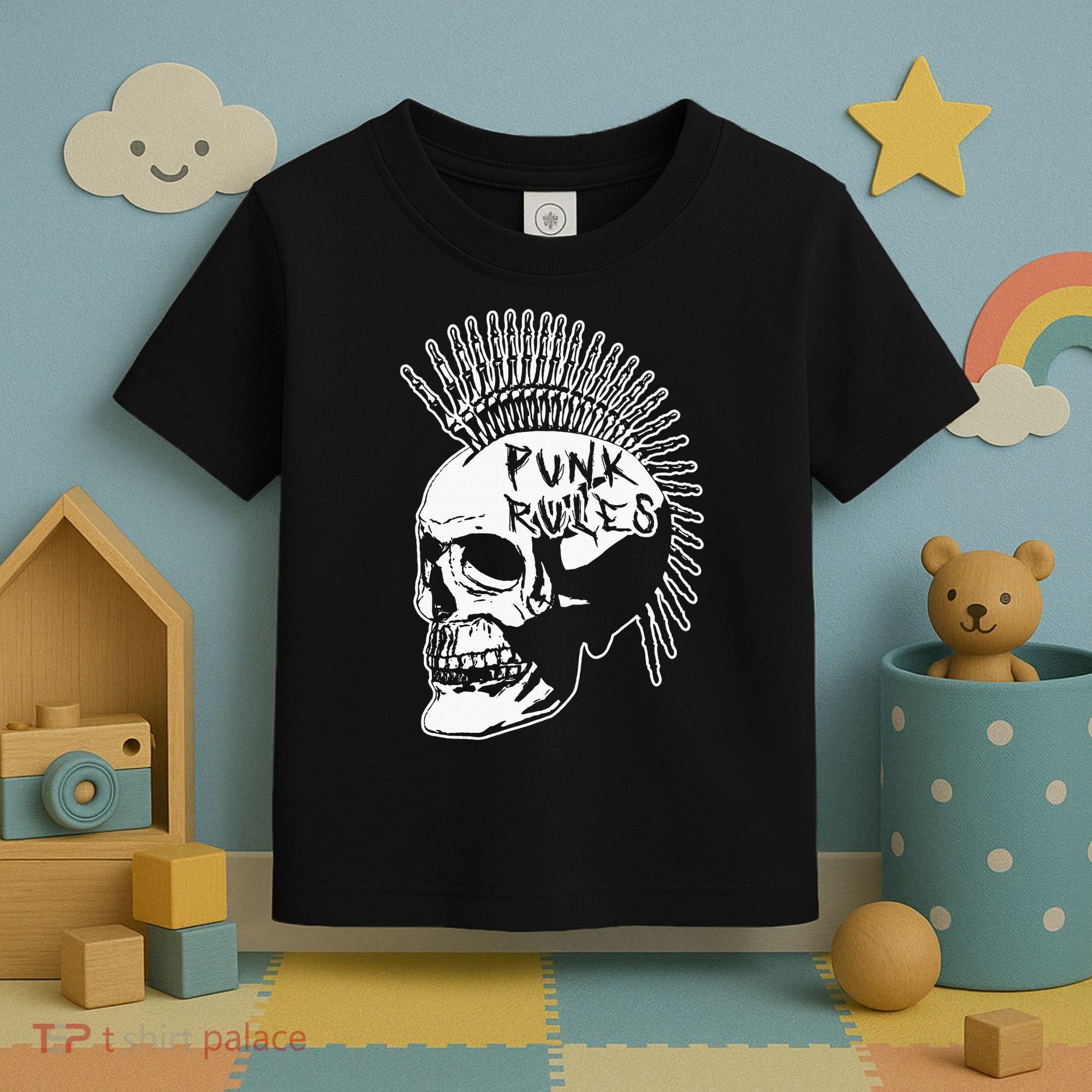 Punk Rock Rules Heavy Metal Skull Punker Rocker Mohawk Music Toddler T-Shirt
