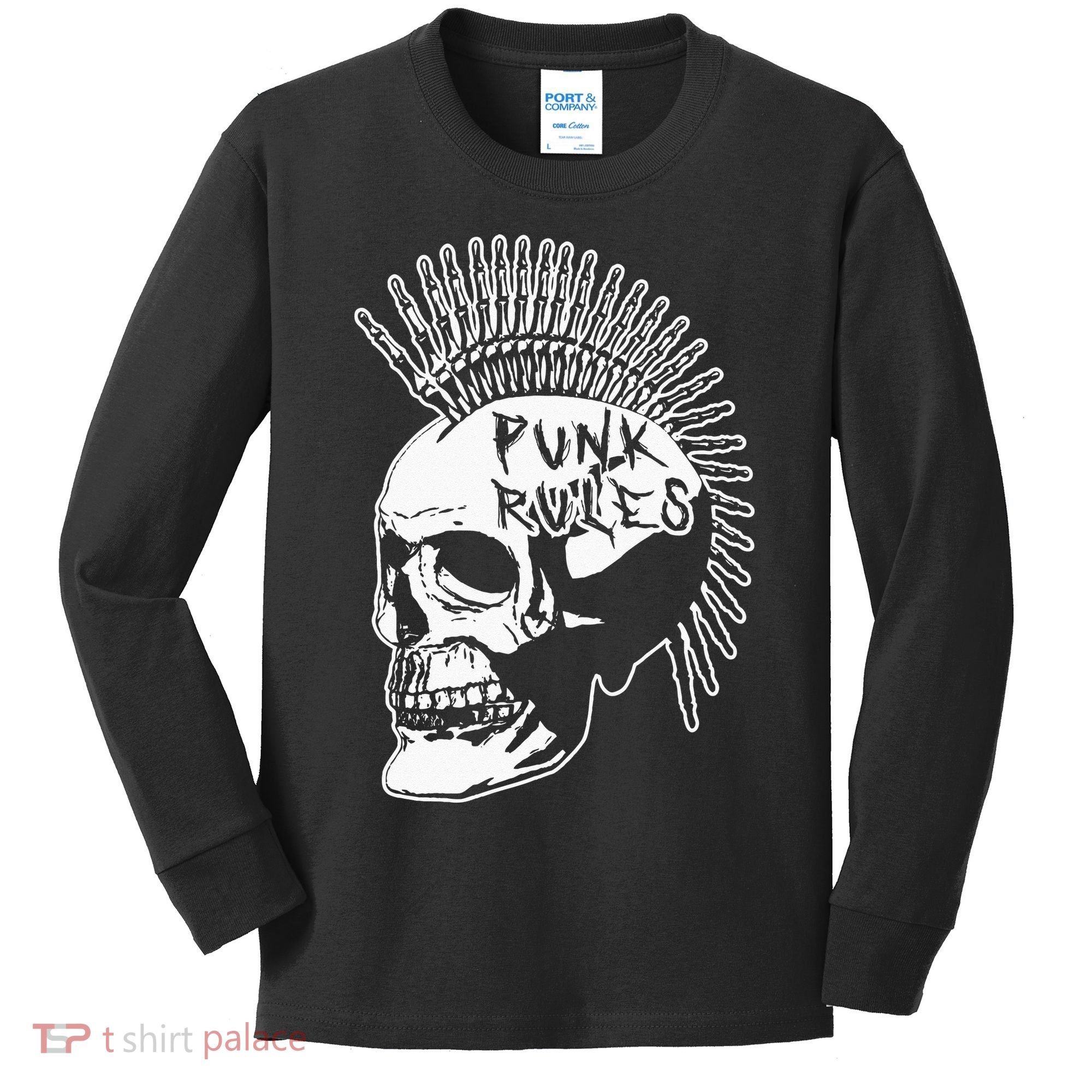 Punk Rock Rules Heavy Metal Skull Punker Rocker Mohawk Music Kids Long Sleeve Shirt