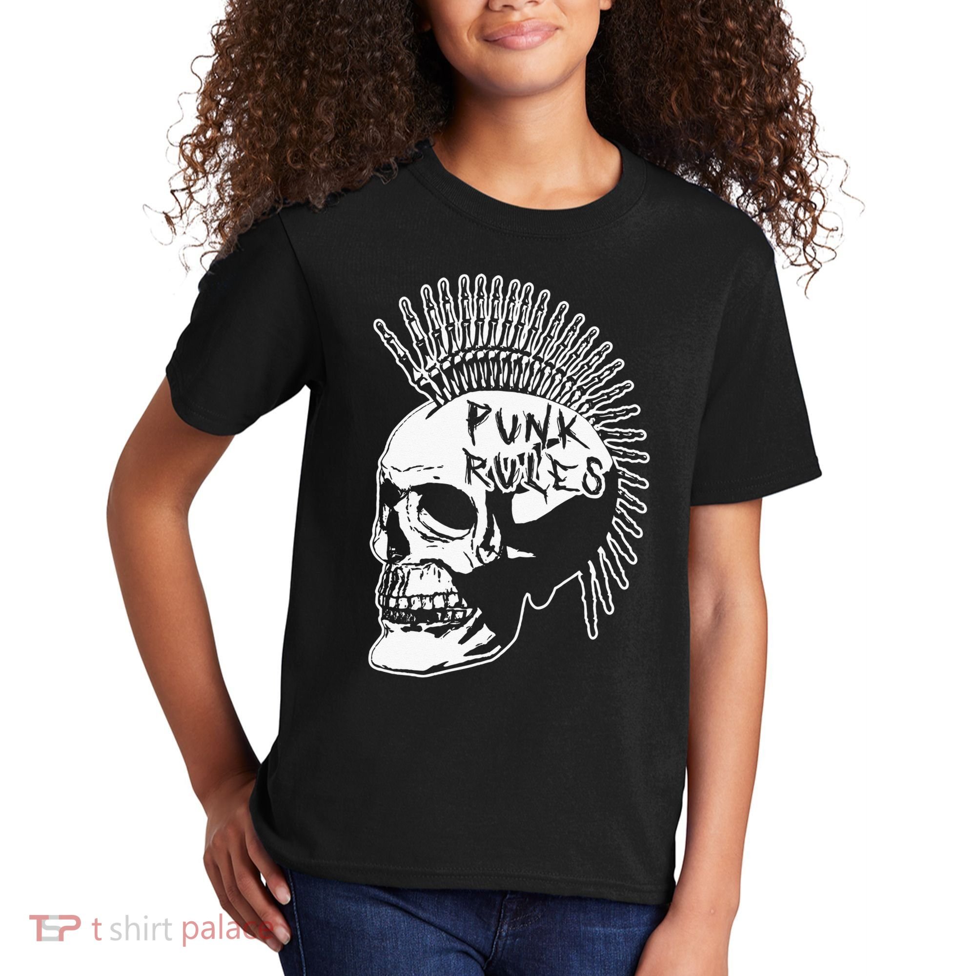 Punk Rock Rules Heavy Metal Skull Punker Rocker Mohawk Music Kids T-Shirt