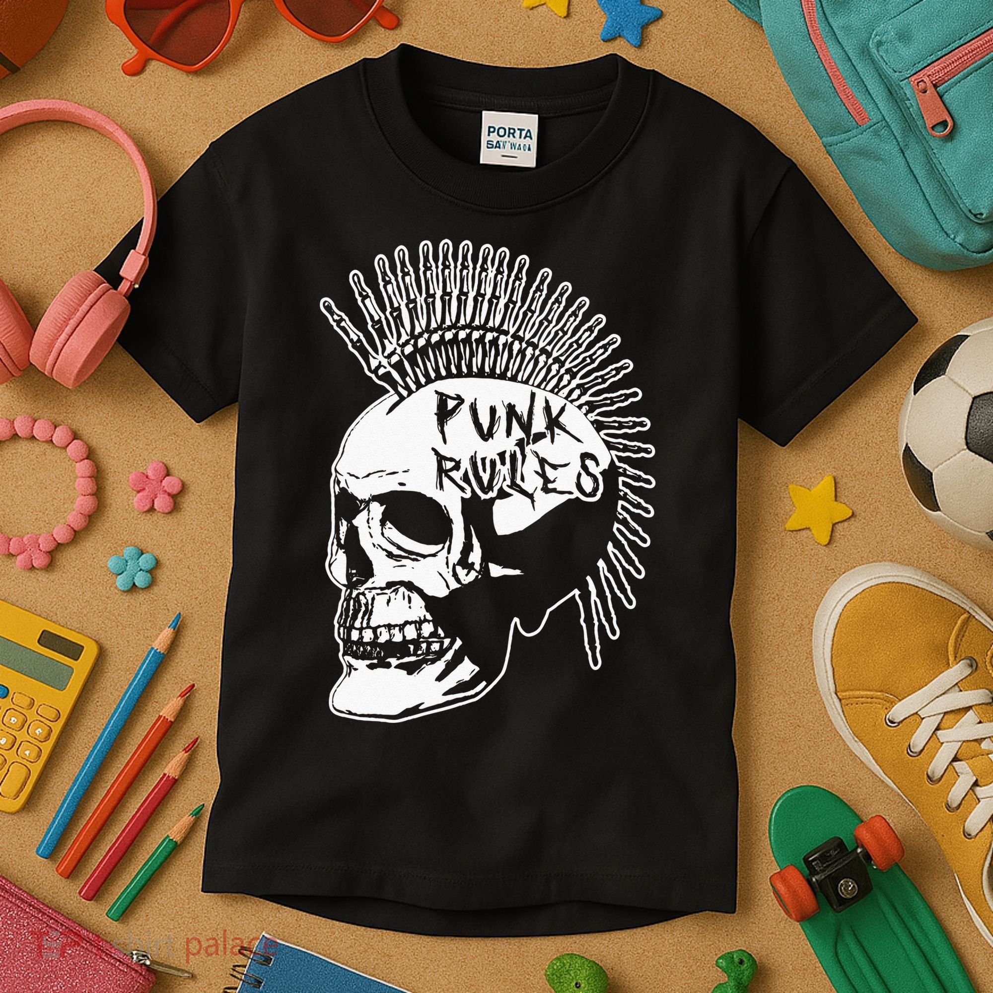 Punk Rock Rules Heavy Metal Skull Punker Rocker Mohawk Music Kids T-Shirt