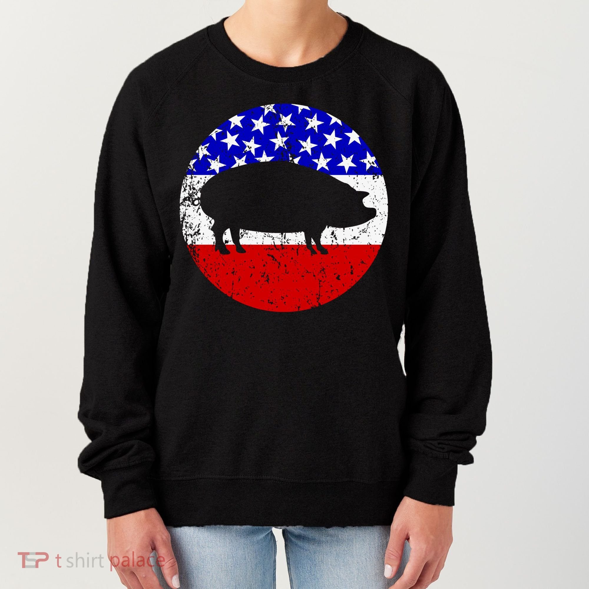 Pig Roast Retro Style Bbq Cookout American Flag Cute Gift Women's Sweatshirt