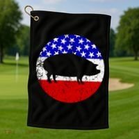 Pig Roast Retro Style Bbq Cookout American Flag Cute Gift Golf Towel thumb 1