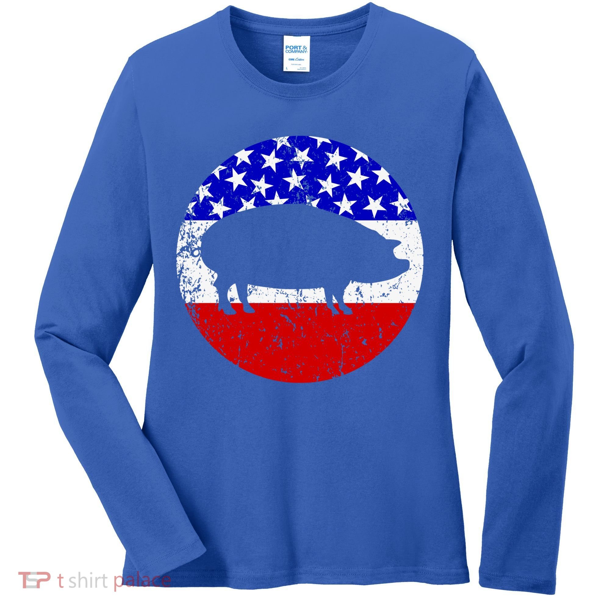 Pig Roast Retro Style Bbq Cookout American Flag Cute Gift Women's Long Sleeve Shirt