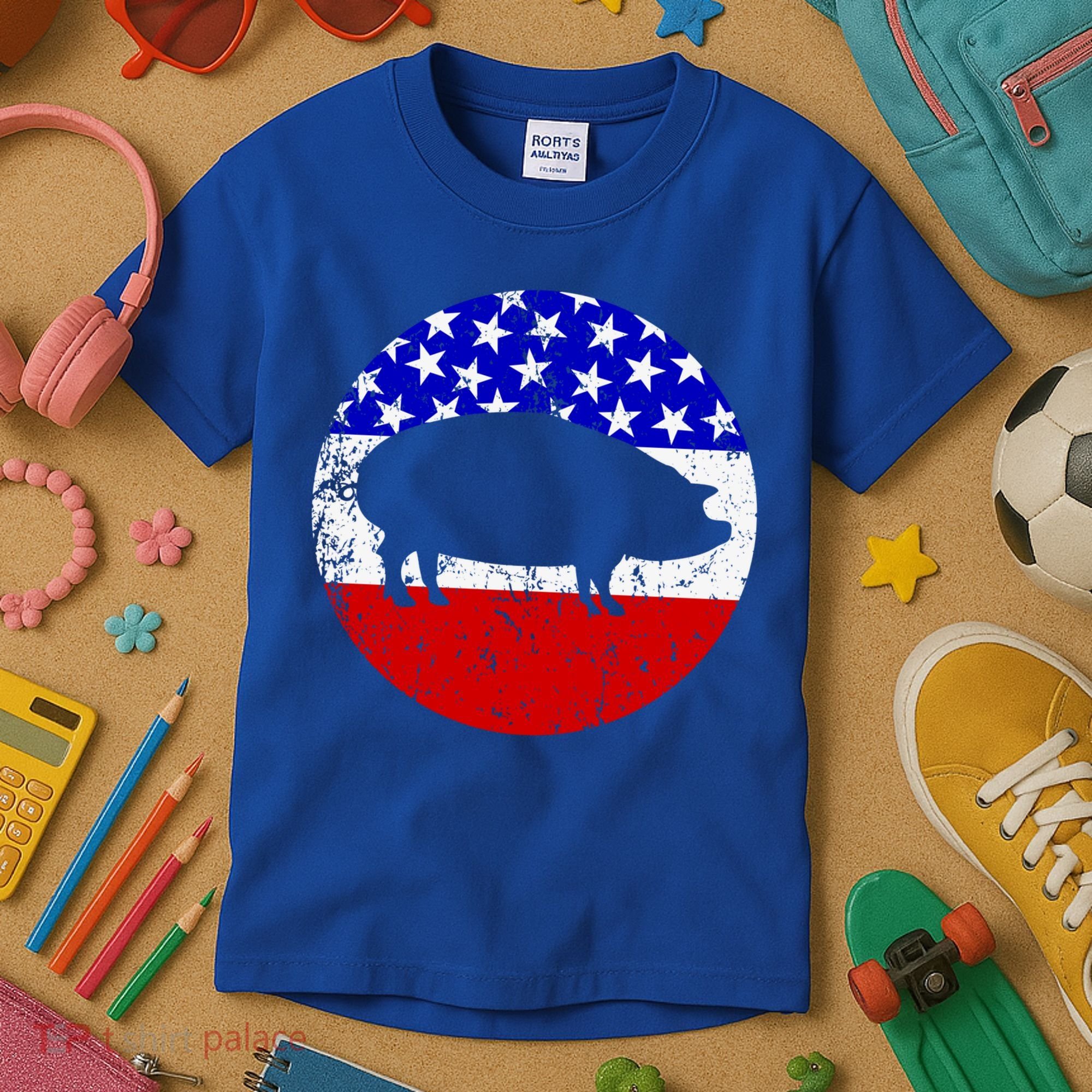 Pig Roast Retro Style Bbq Cookout American Flag Cute Gift Kids T-Shirt