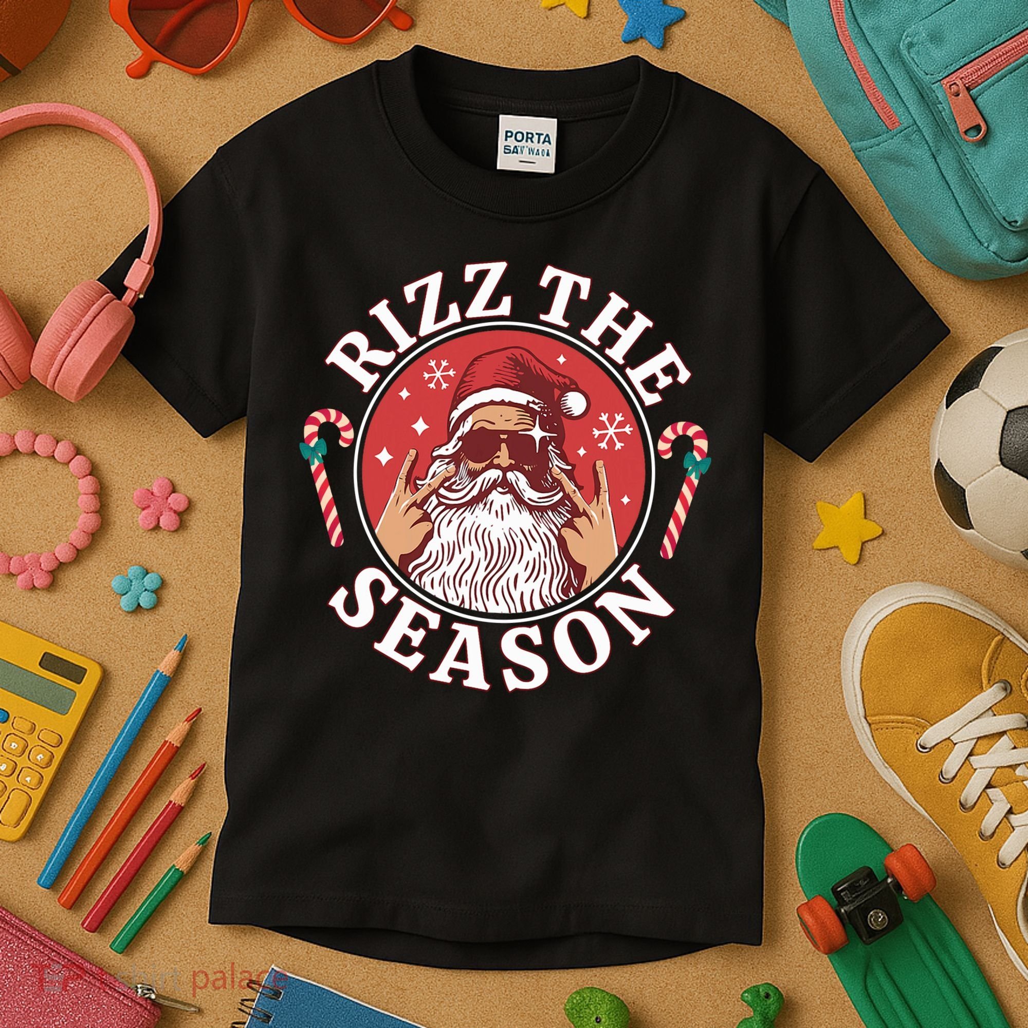Punk Rock Rizz The Season Funny Santa Clause Kids T-Shirt
