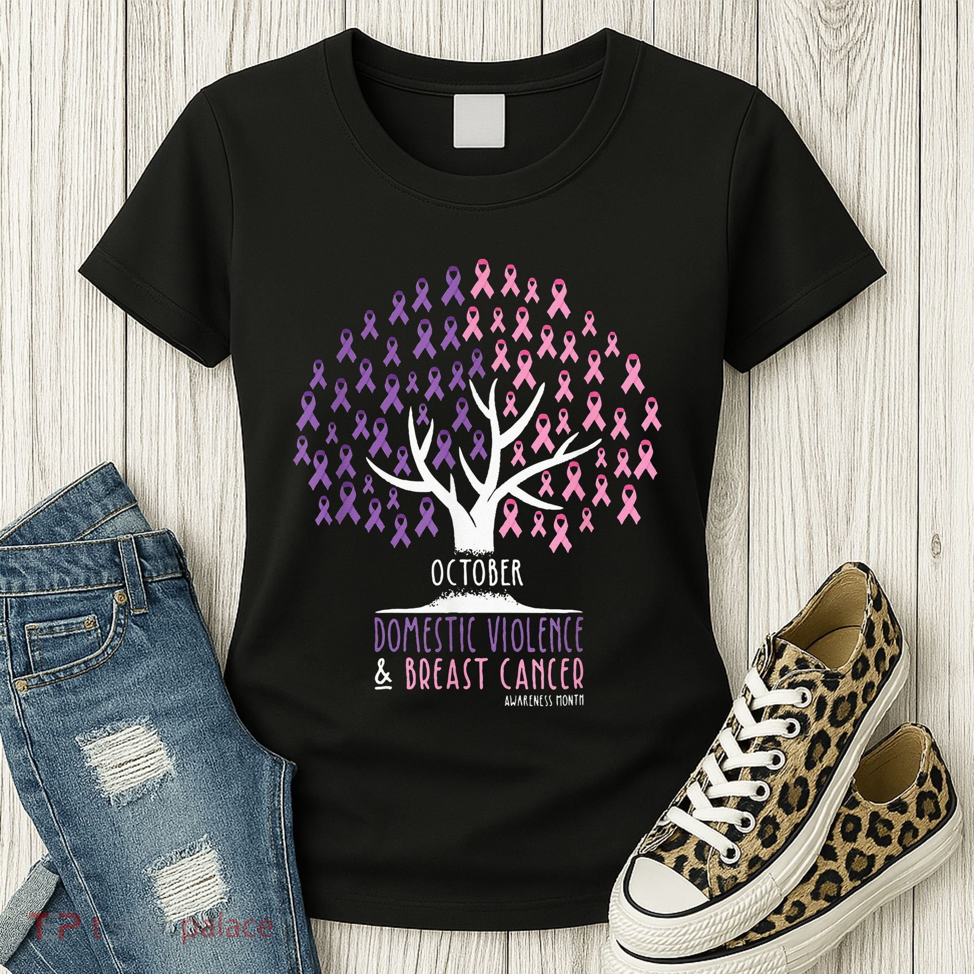Pink Ribbon TreeBreast Cancer & Domestic Violence Awareness Women's T-Shirt