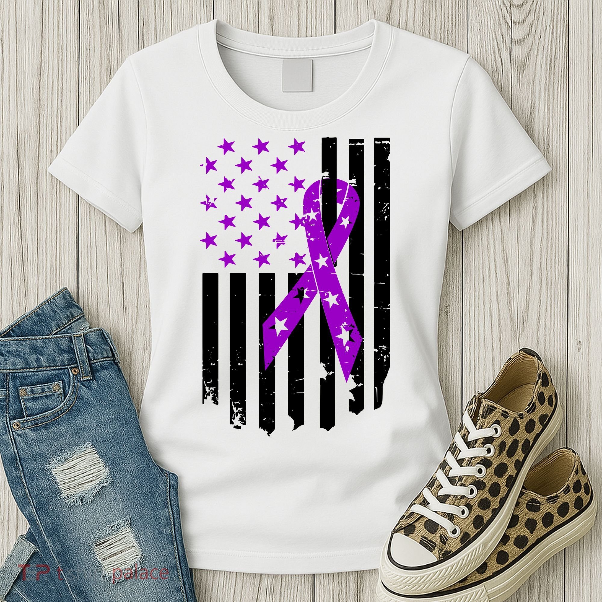 Purple Ribbon US Flag Epileptic Epilepsy Awareness Month Women's T-Shirt
