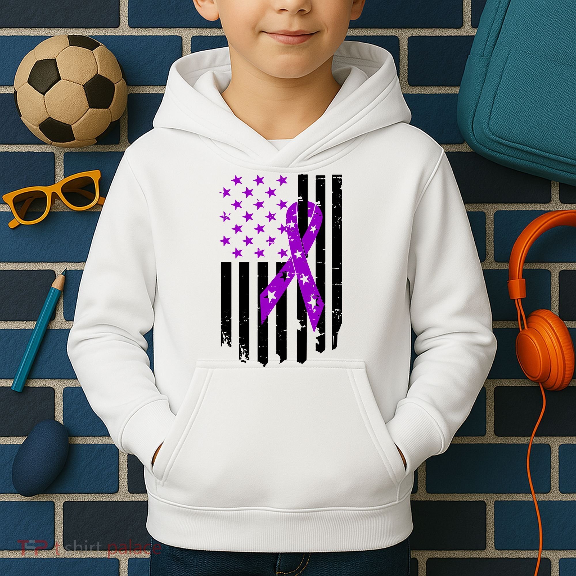 Purple Ribbon US Flag Epileptic Epilepsy Awareness Month Kids Hoodie
