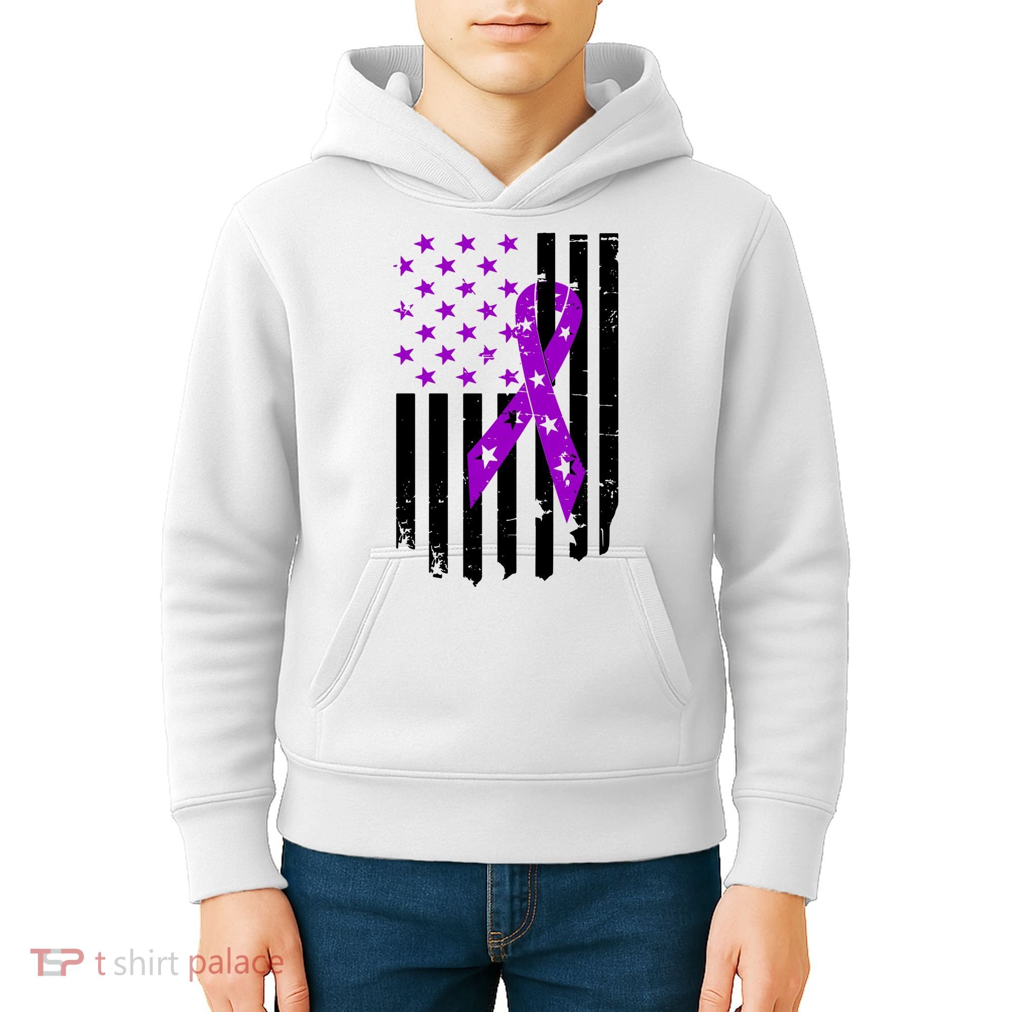 Purple Ribbon US Flag Epileptic Epilepsy Awareness Month Kids Hoodie
