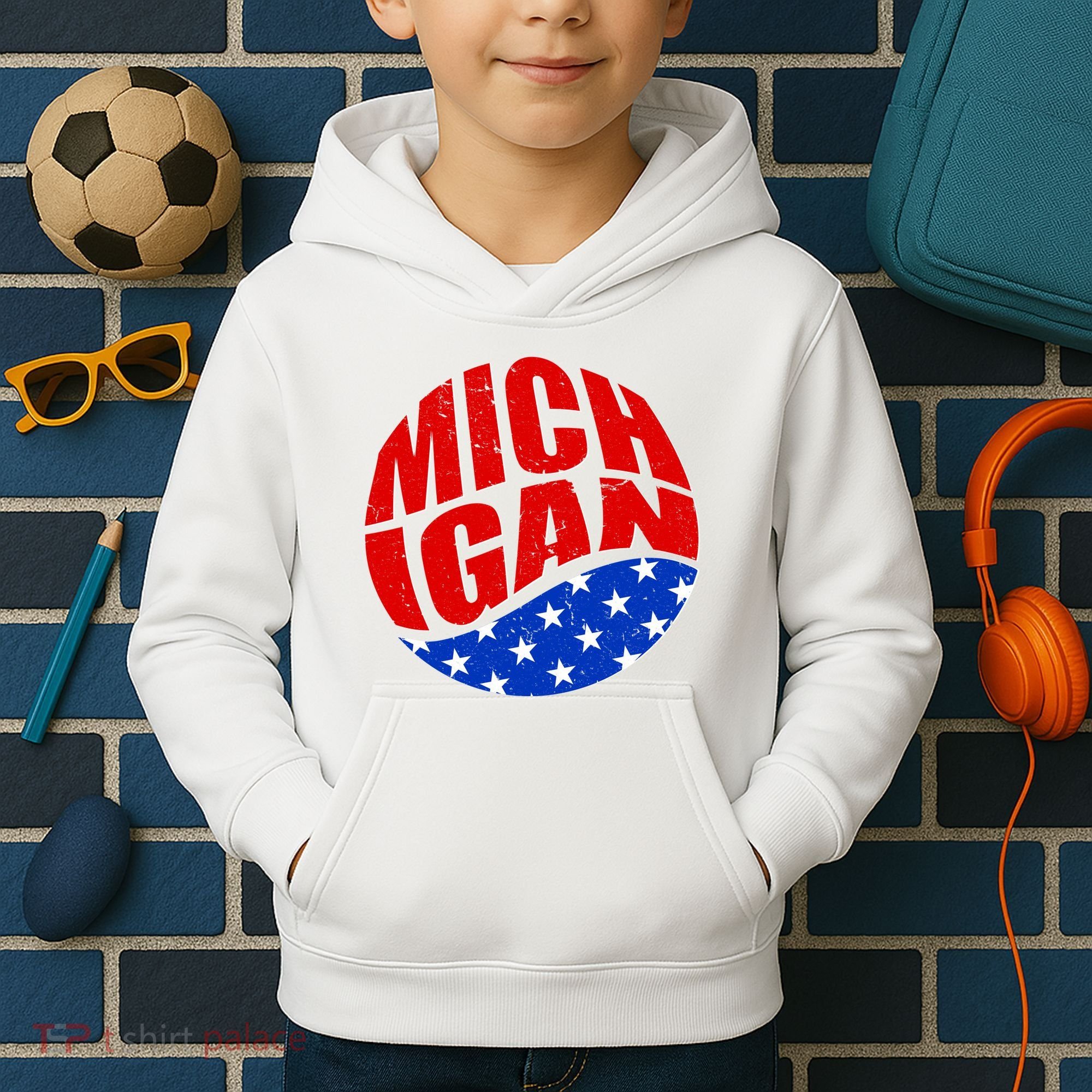 Patriotic Red White Blue Michigan Emblem Kids Hoodie