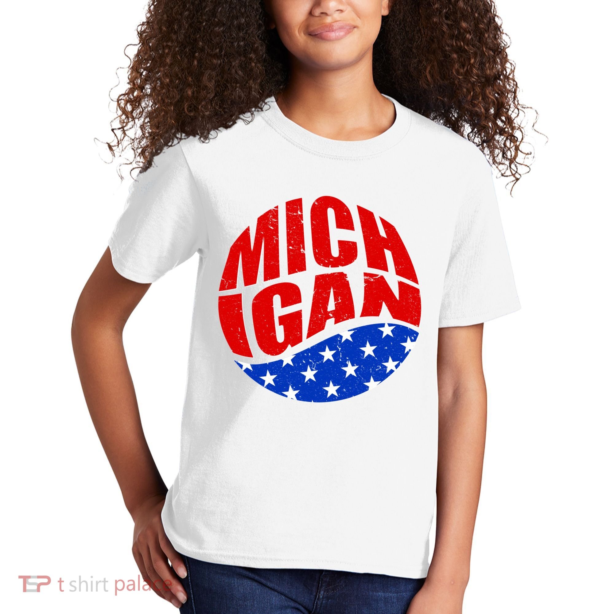 Patriotic Red White Blue Michigan Emblem Kids T-Shirt