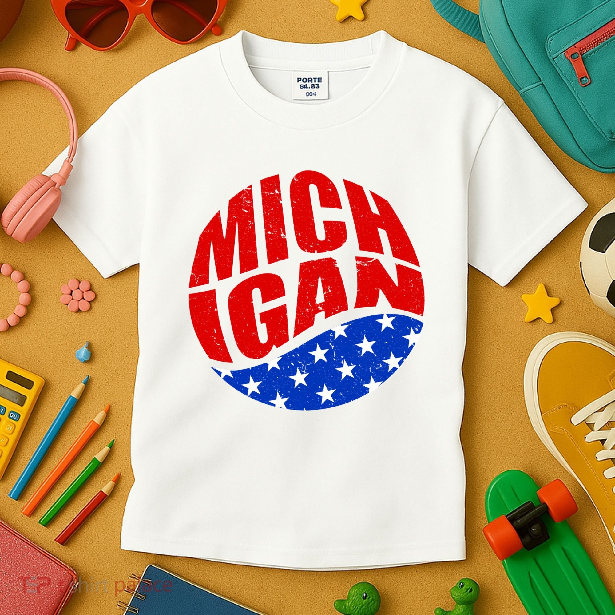 Patriotic Red White Blue Michigan Emblem Kids T-Shirt