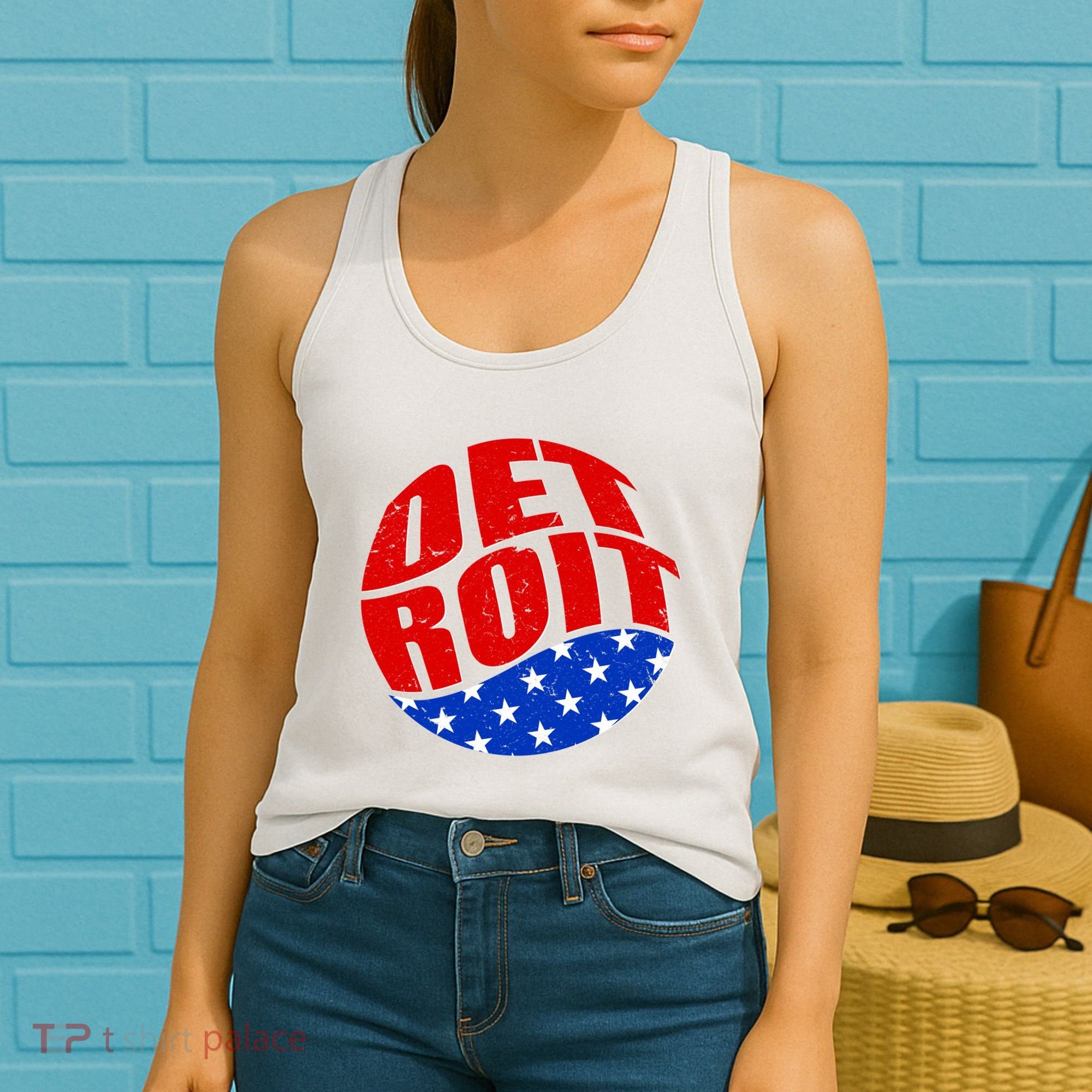 Patriotic Red White Blue Detroit Emblem Women's Tank Top