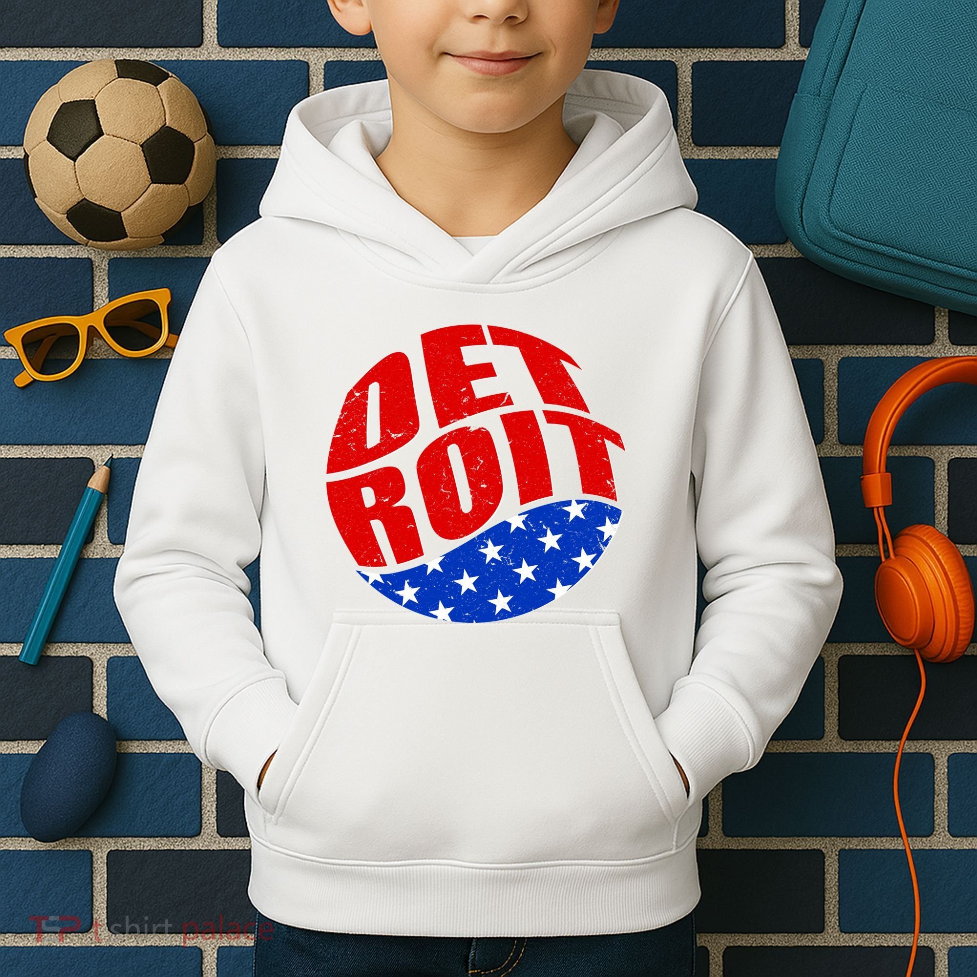 Patriotic Red White Blue Detroit Emblem Kids Hoodie