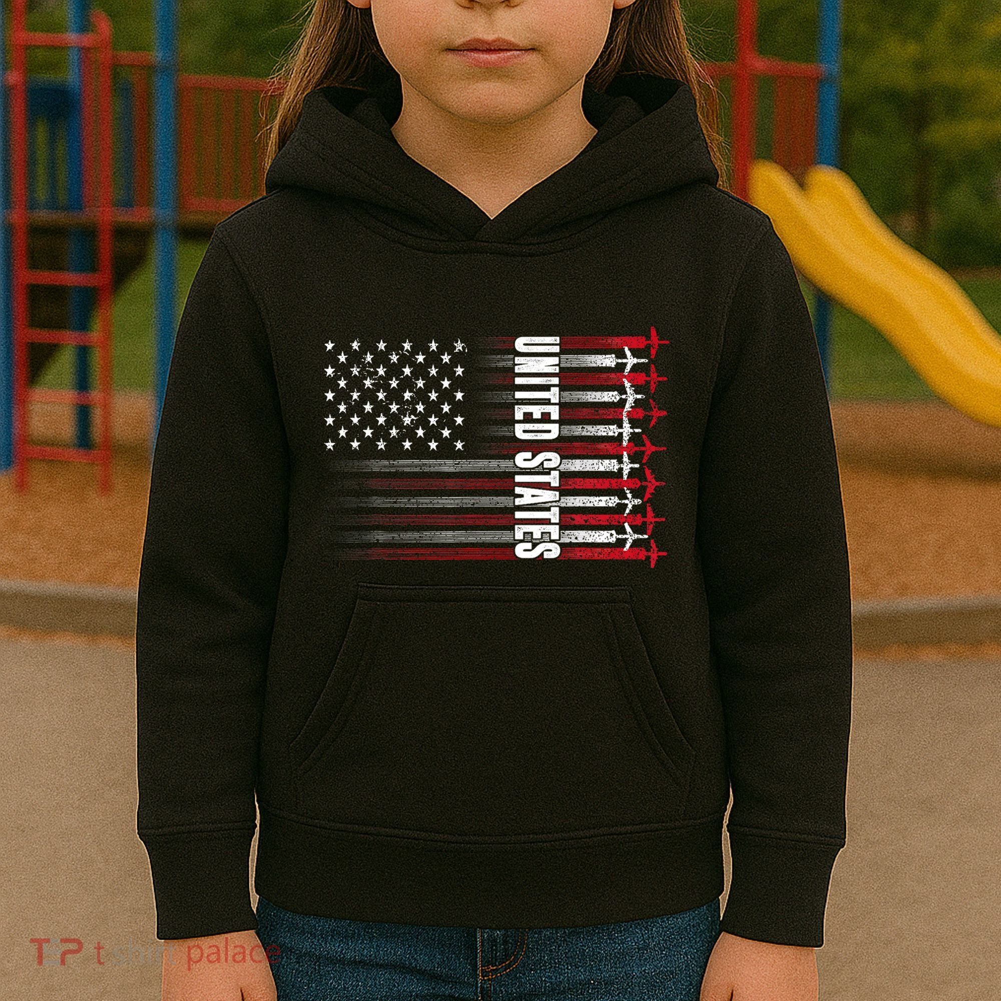 Patriotic Red White Blue Usa Flag Fighter Jets 4th Of July Kids Hoodie