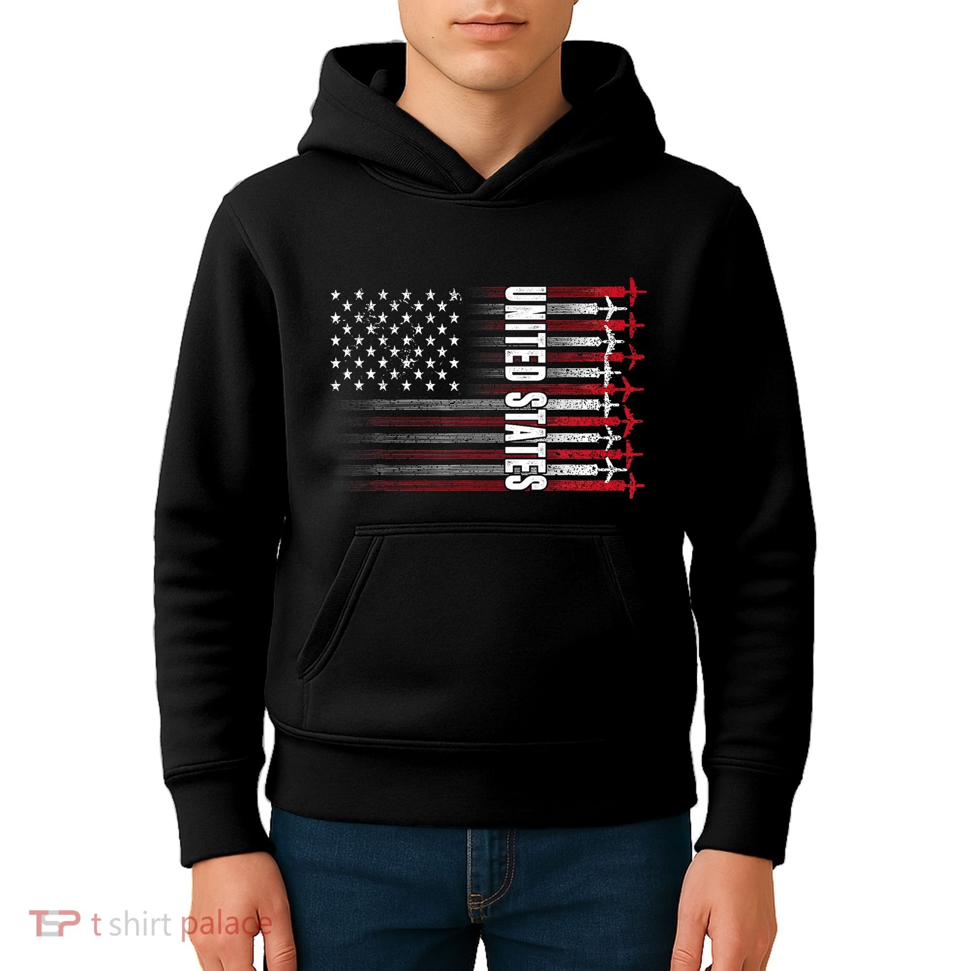 Patriotic Red White Blue Usa Flag Fighter Jets 4th Of July Kids Hoodie