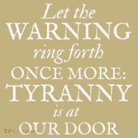 Patriotic Revolutionary War Warning Tyranny Is At Our Door Button thumb 1