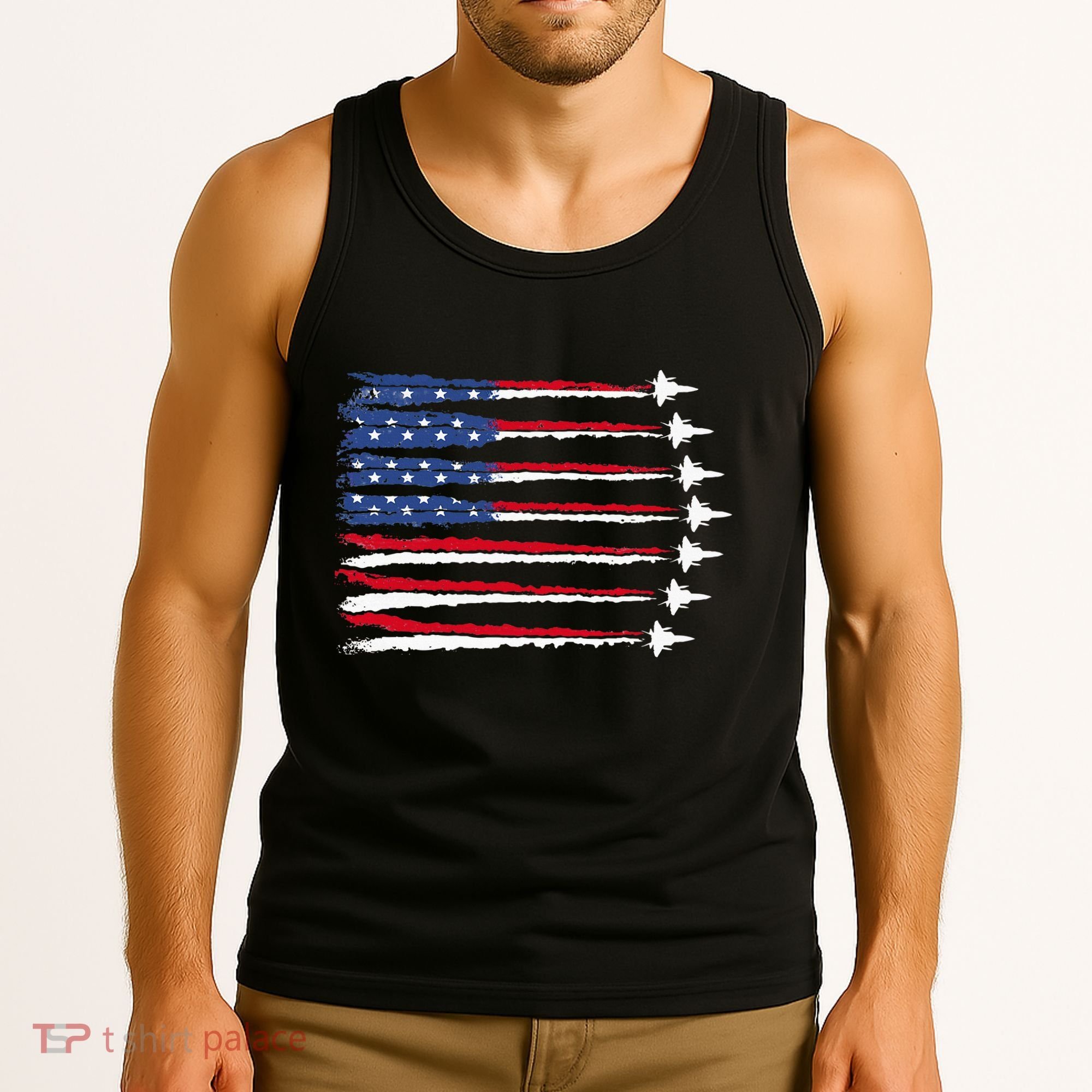 Patriotic Red White Blue Usa Flag Fighter Jets Veterans Day Tank Top