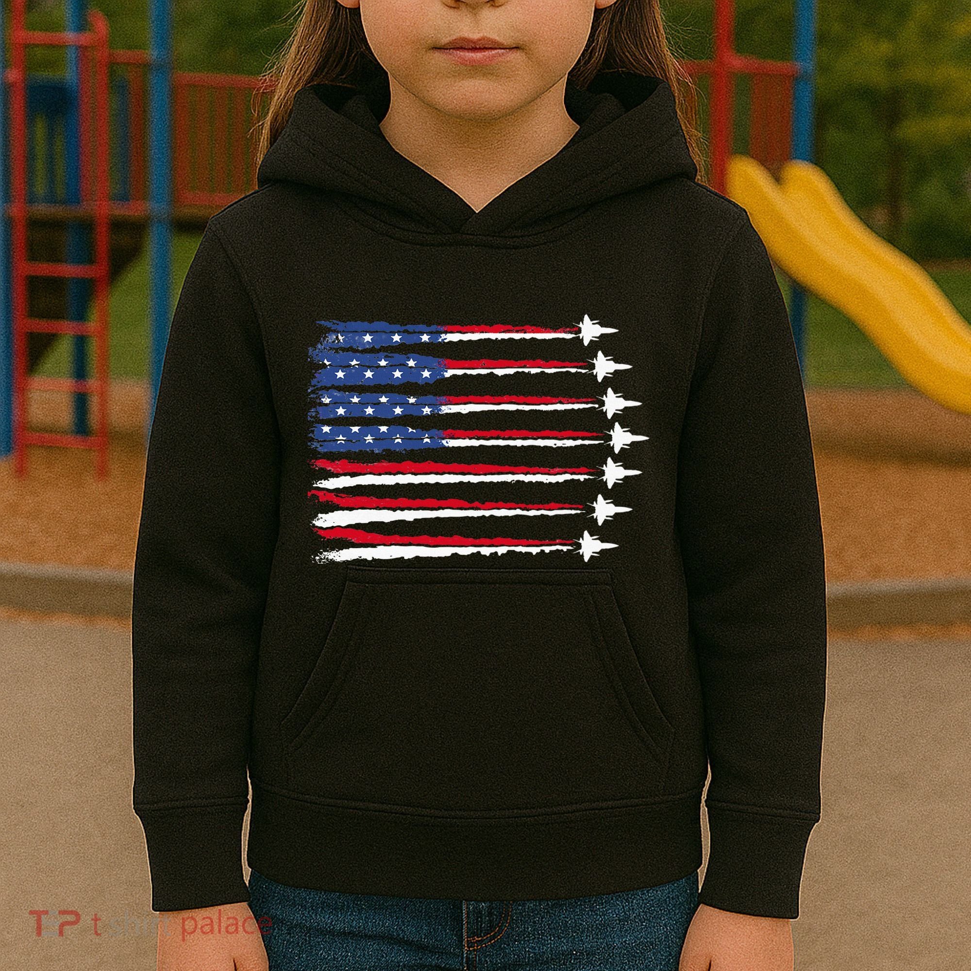 Patriotic Red White Blue Usa Flag Fighter Jets Veterans Day Kids Hoodie