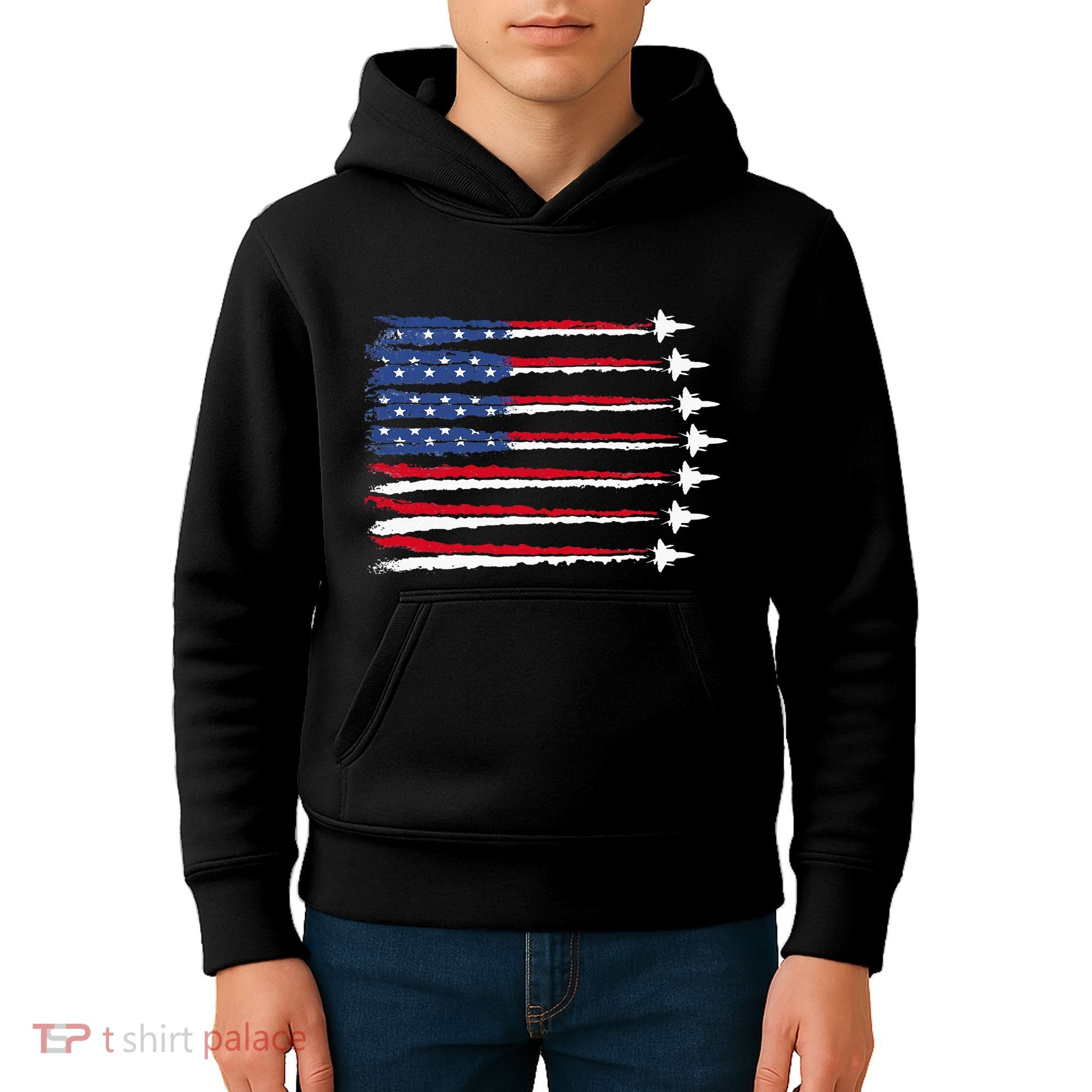 Patriotic Red White Blue Usa Flag Fighter Jets Veterans Day Kids Hoodie