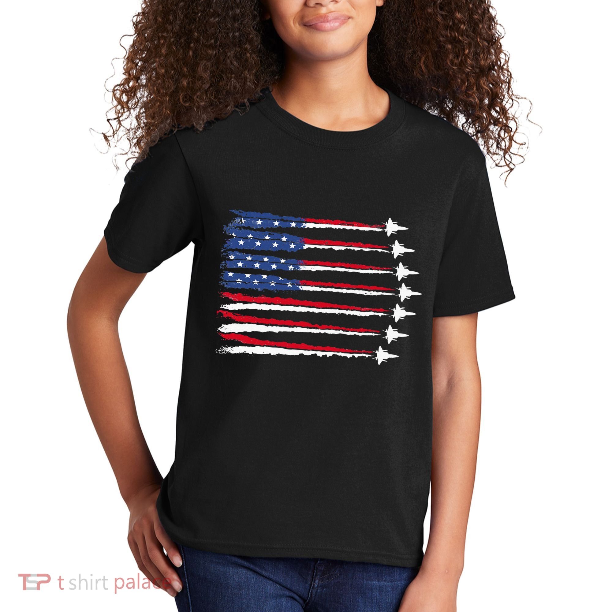 Patriotic Red White Blue Usa Flag Fighter Jets Veterans Day Kids T-Shirt