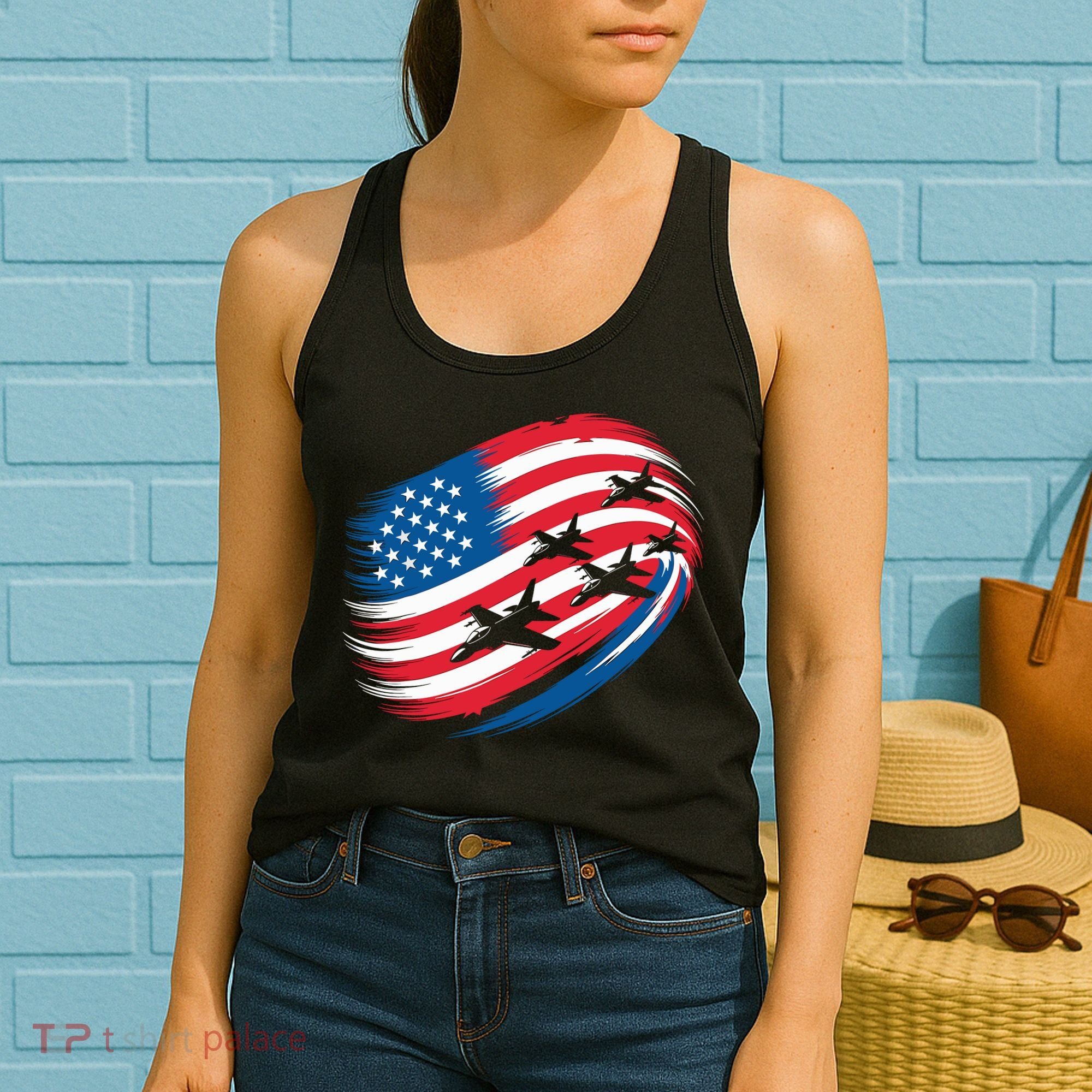 Patriotic Red White Blue USA Flag Fighter Jets 4th Of July Women's Tank Top