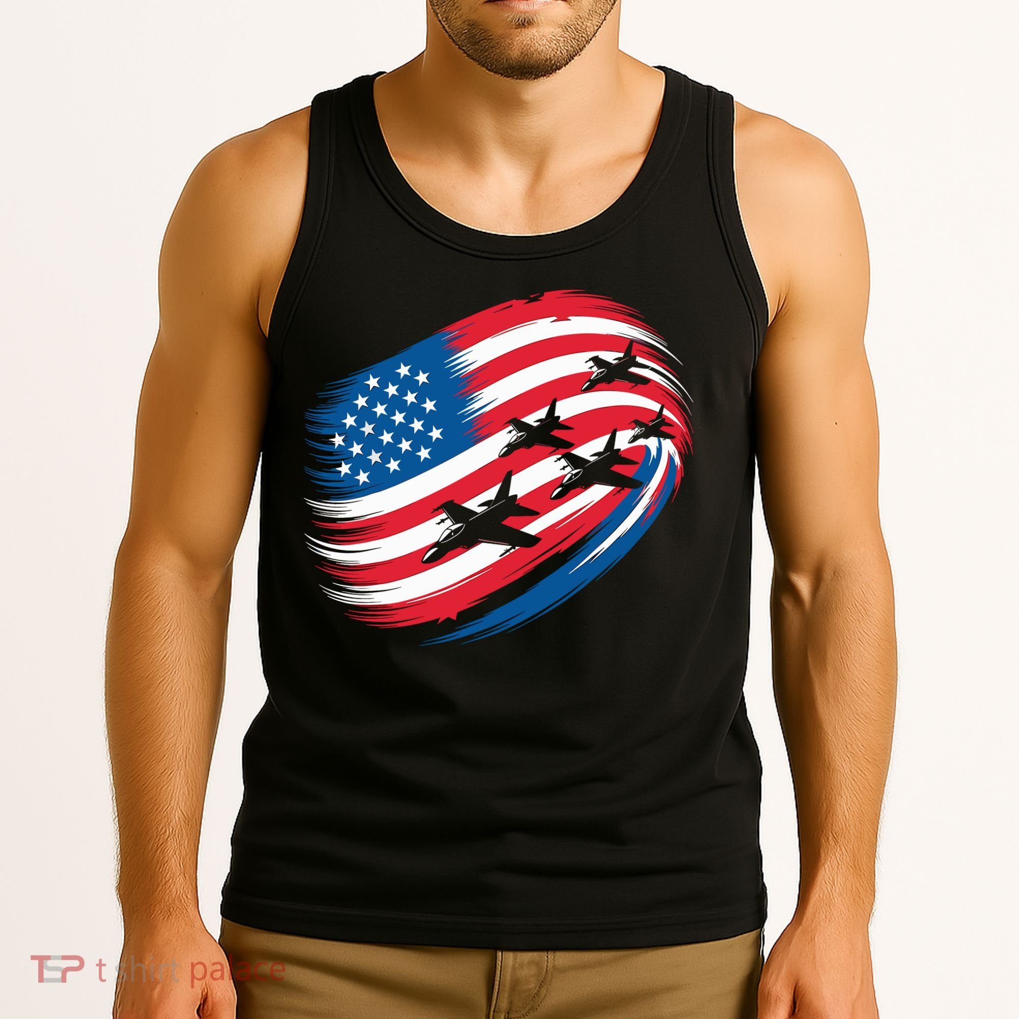 Patriotic Red White Blue USA Flag Fighter Jets 4th Of July Tank Top