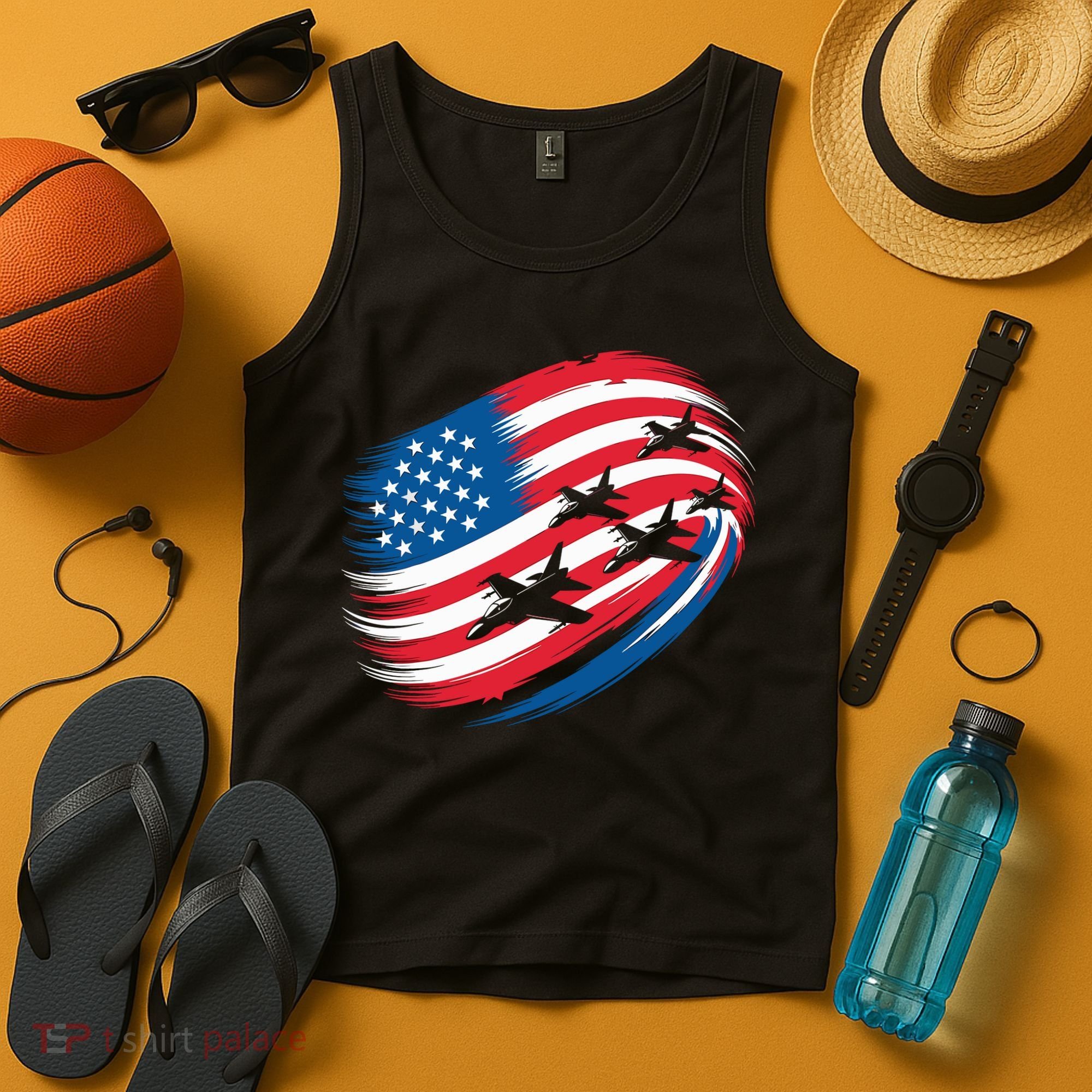 Patriotic Red White Blue USA Flag Fighter Jets 4th Of July Tank Top