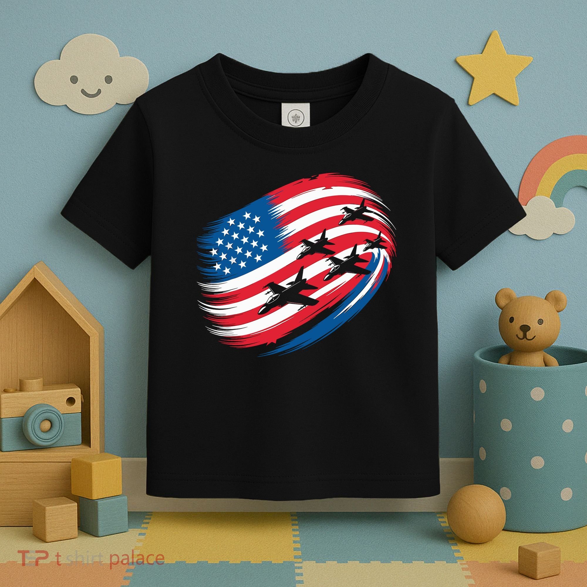 Patriotic Red White Blue USA Flag Fighter Jets 4th Of July Toddler T-Shirt