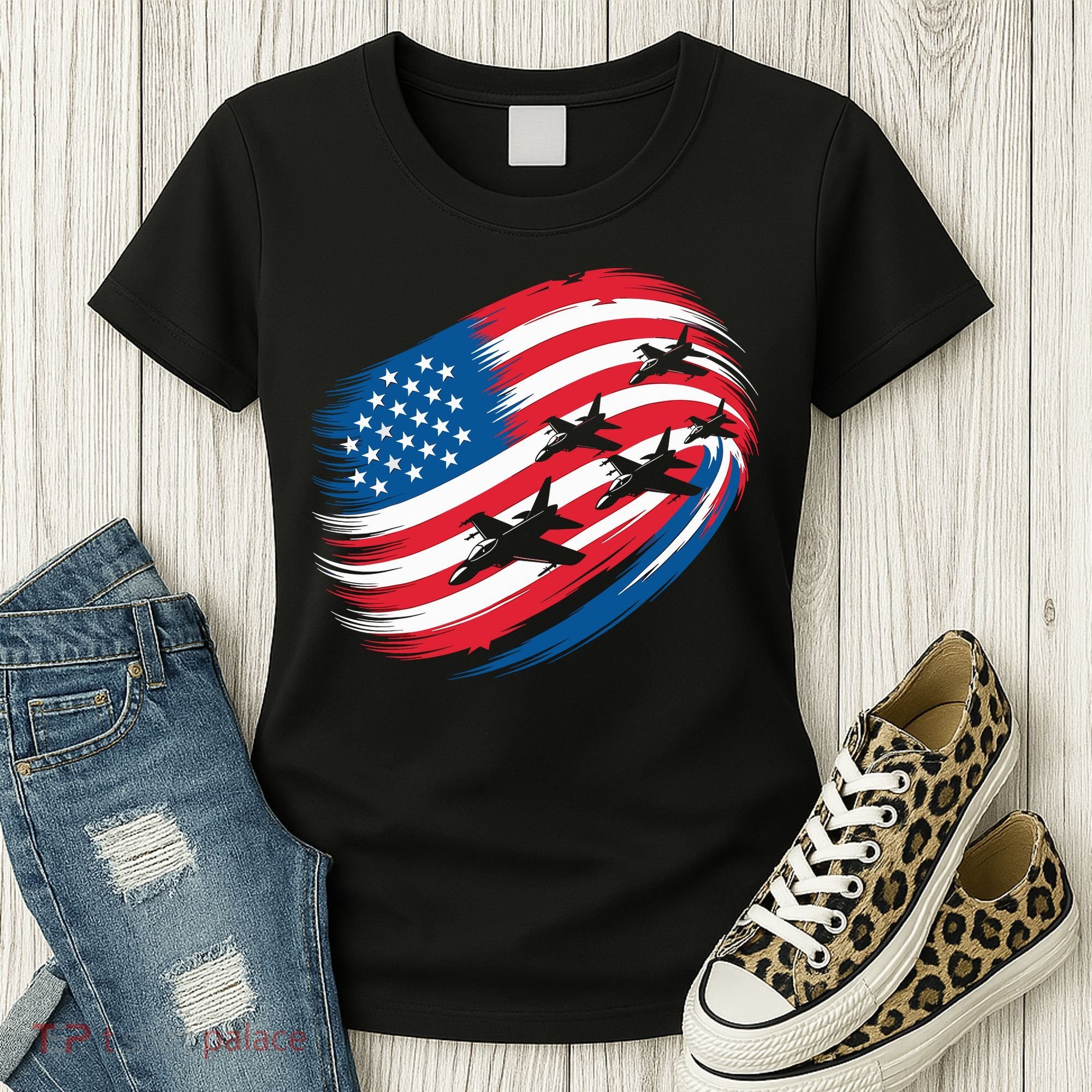 Patriotic Red White Blue USA Flag Fighter Jets 4th Of July Women's T-Shirt