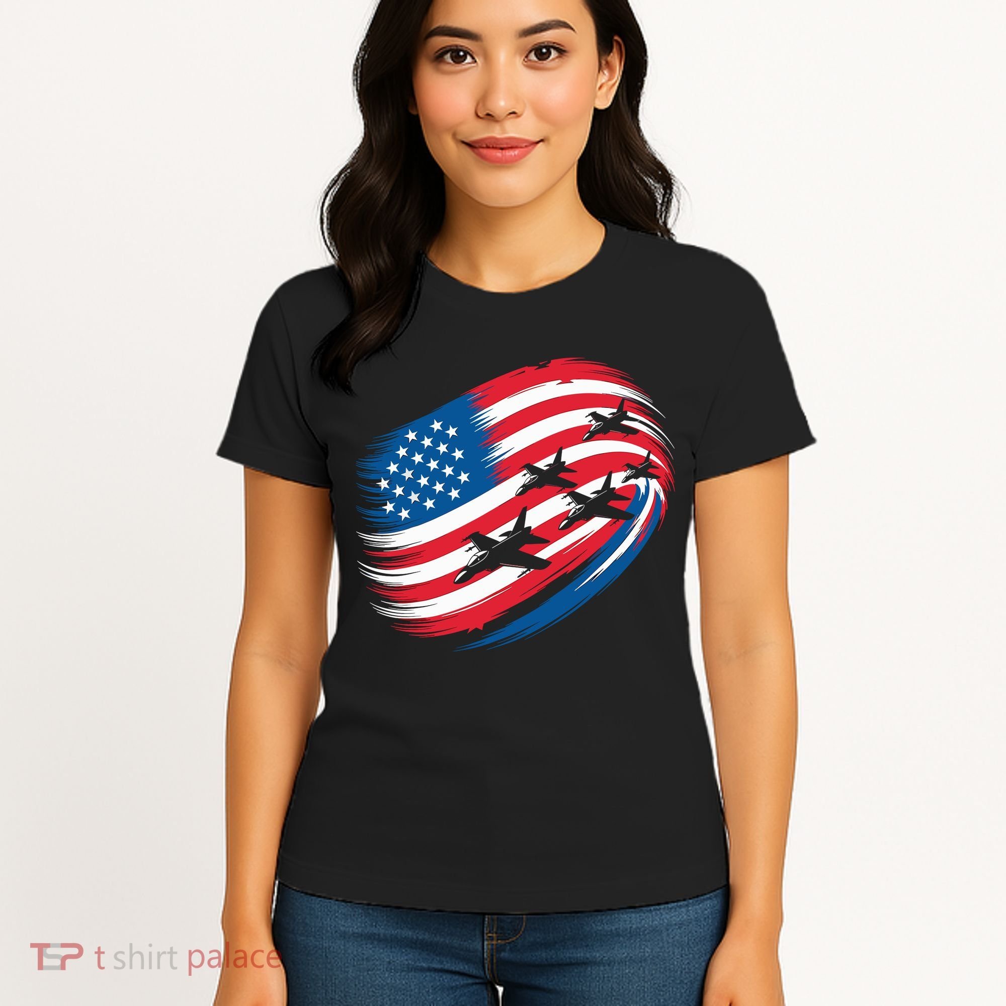 Patriotic Red White Blue USA Flag Fighter Jets 4th Of July Women's T-Shirt