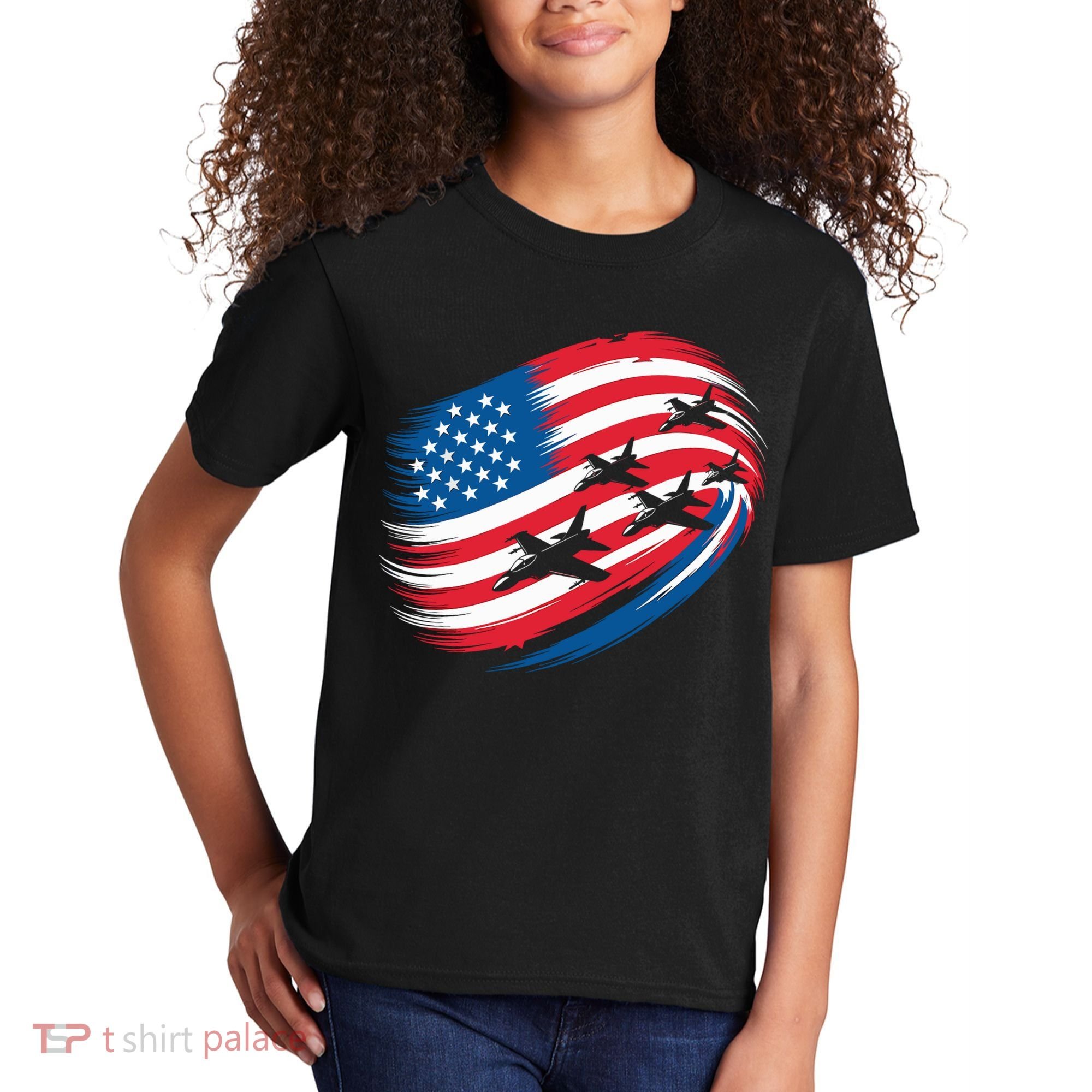 Patriotic Red White Blue USA Flag Fighter Jets 4th Of July Kids T-Shirt