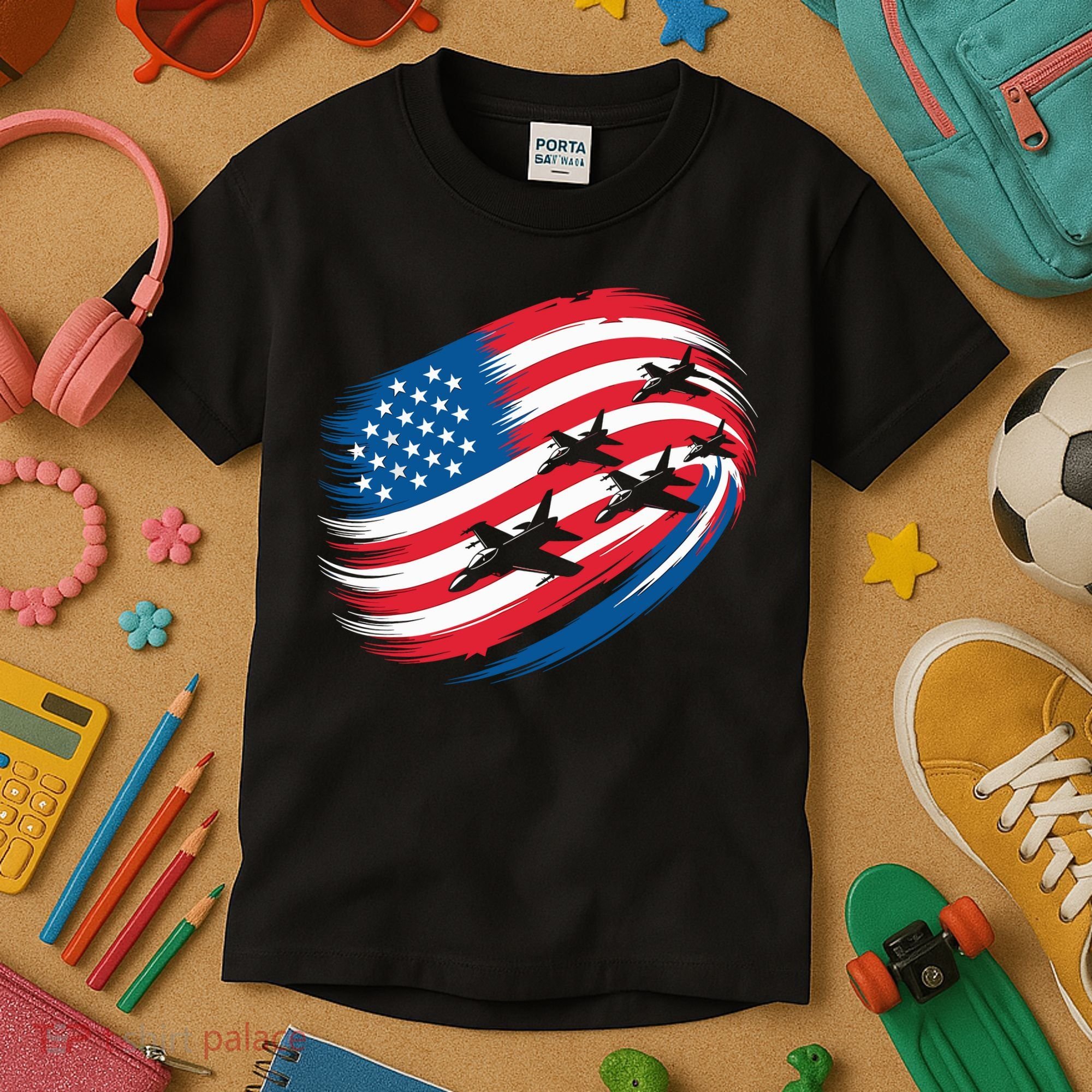 Patriotic Red White Blue USA Flag Fighter Jets 4th Of July Kids T-Shirt