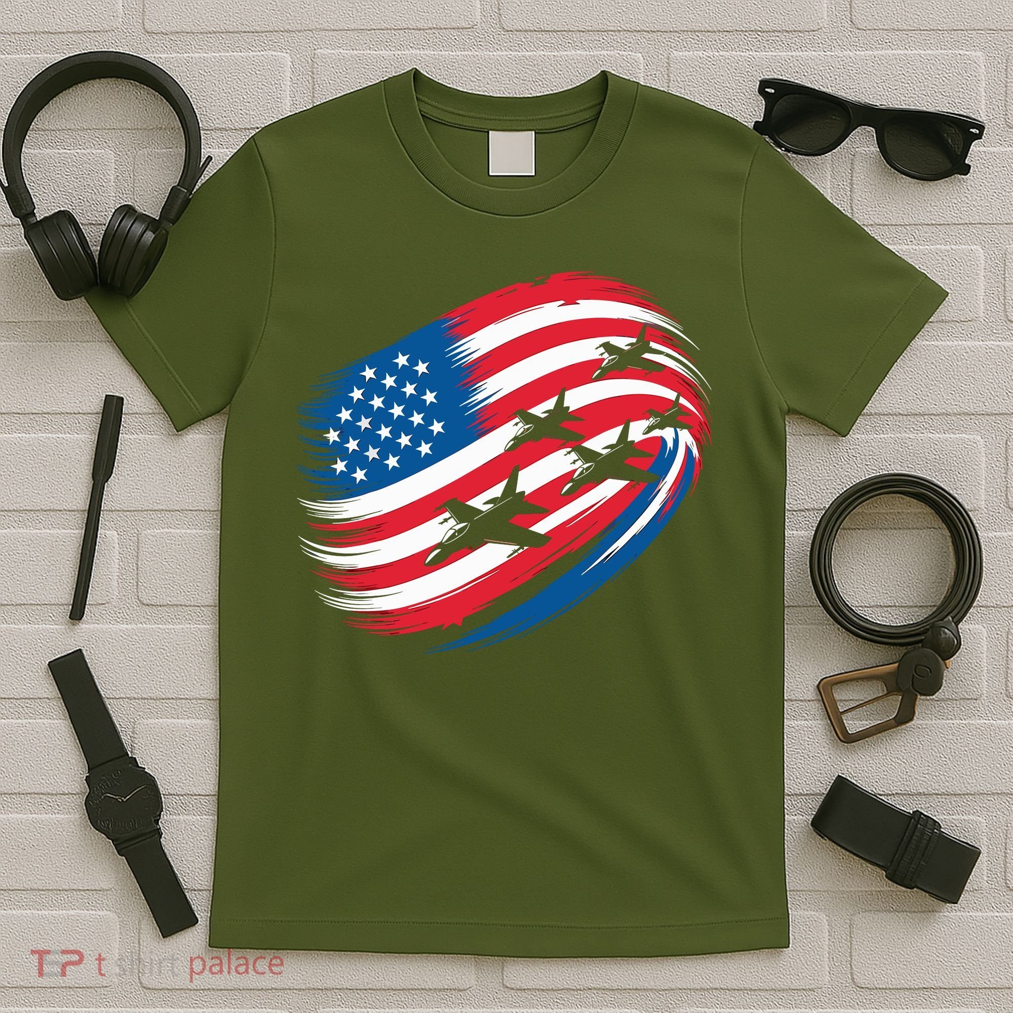 Patriotic Red White Blue USA Flag Fighter Jets 4th Of July T-Shirt