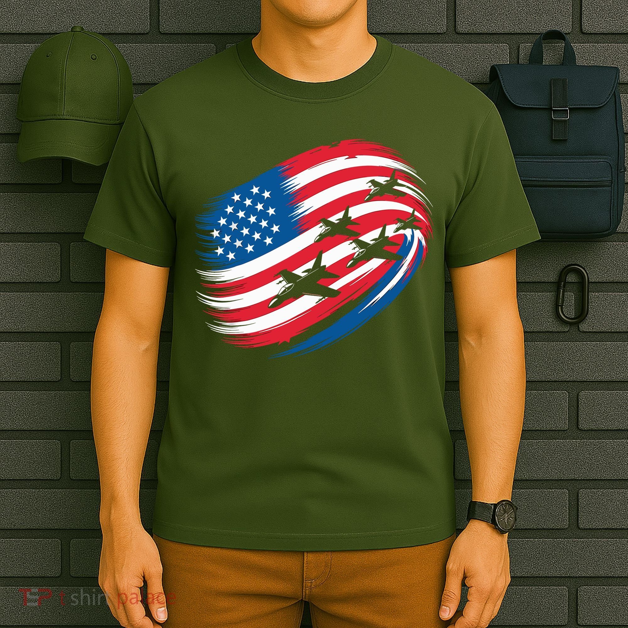 Patriotic Red White Blue USA Flag Fighter Jets 4th Of July T-Shirt