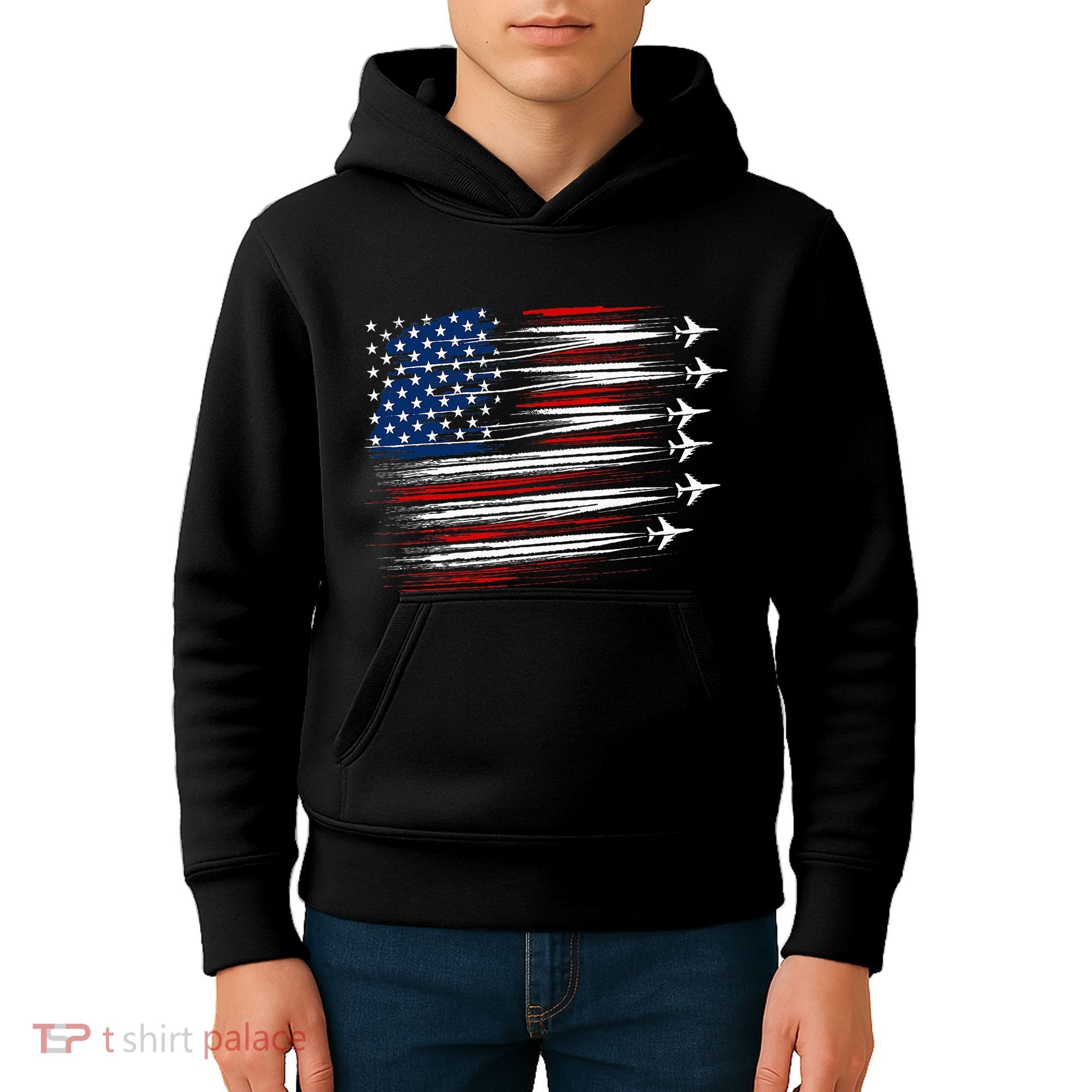 Patriotic Red White Blue Usa Flag Fighter Jets Kids Hoodie