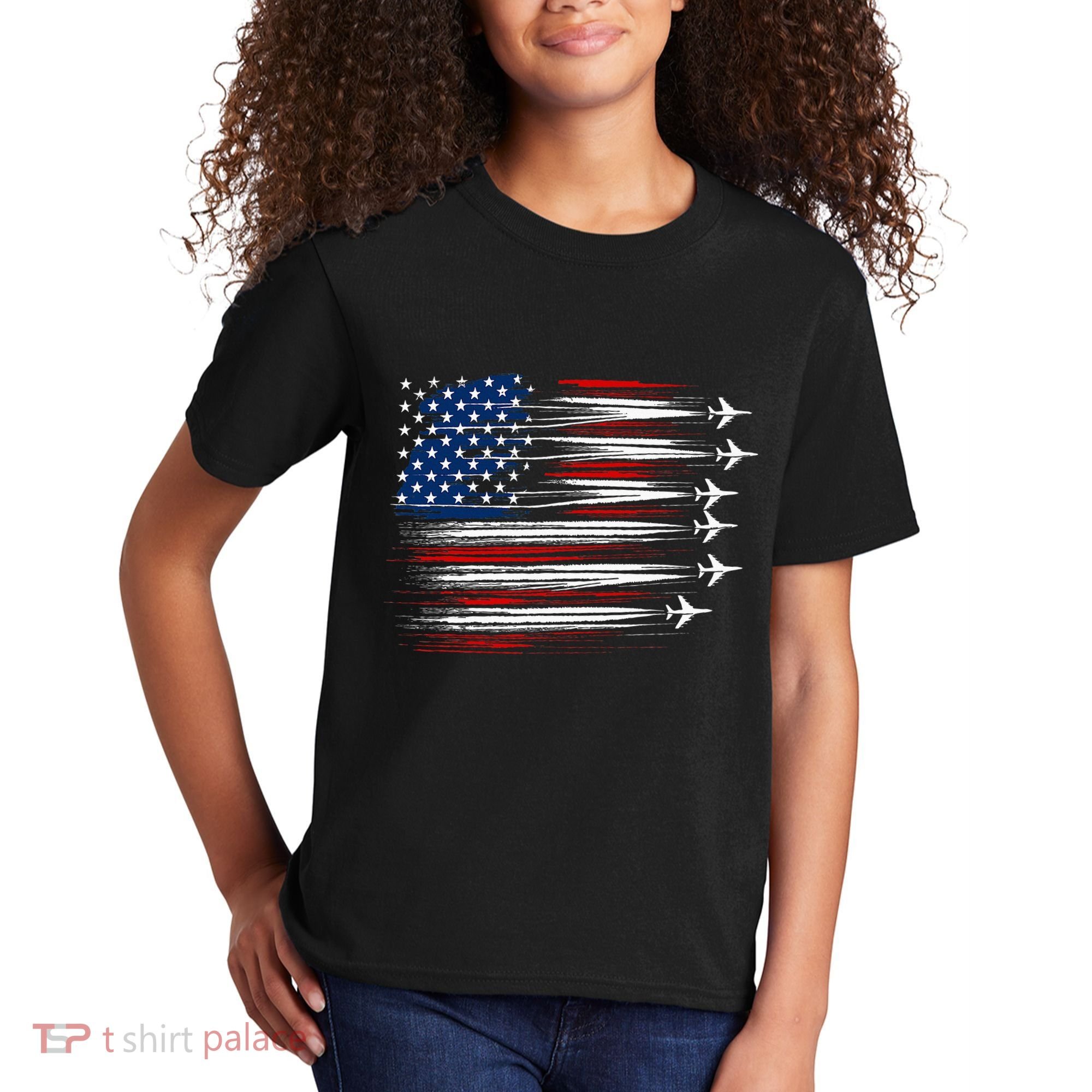 Patriotic Red White Blue Usa Flag Fighter Jets Kids T-Shirt