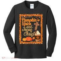 Pumpkin Spice And Jesus Christ Autumn Fall Leopard Print Kids Long Sleeve Shirt thumb 0