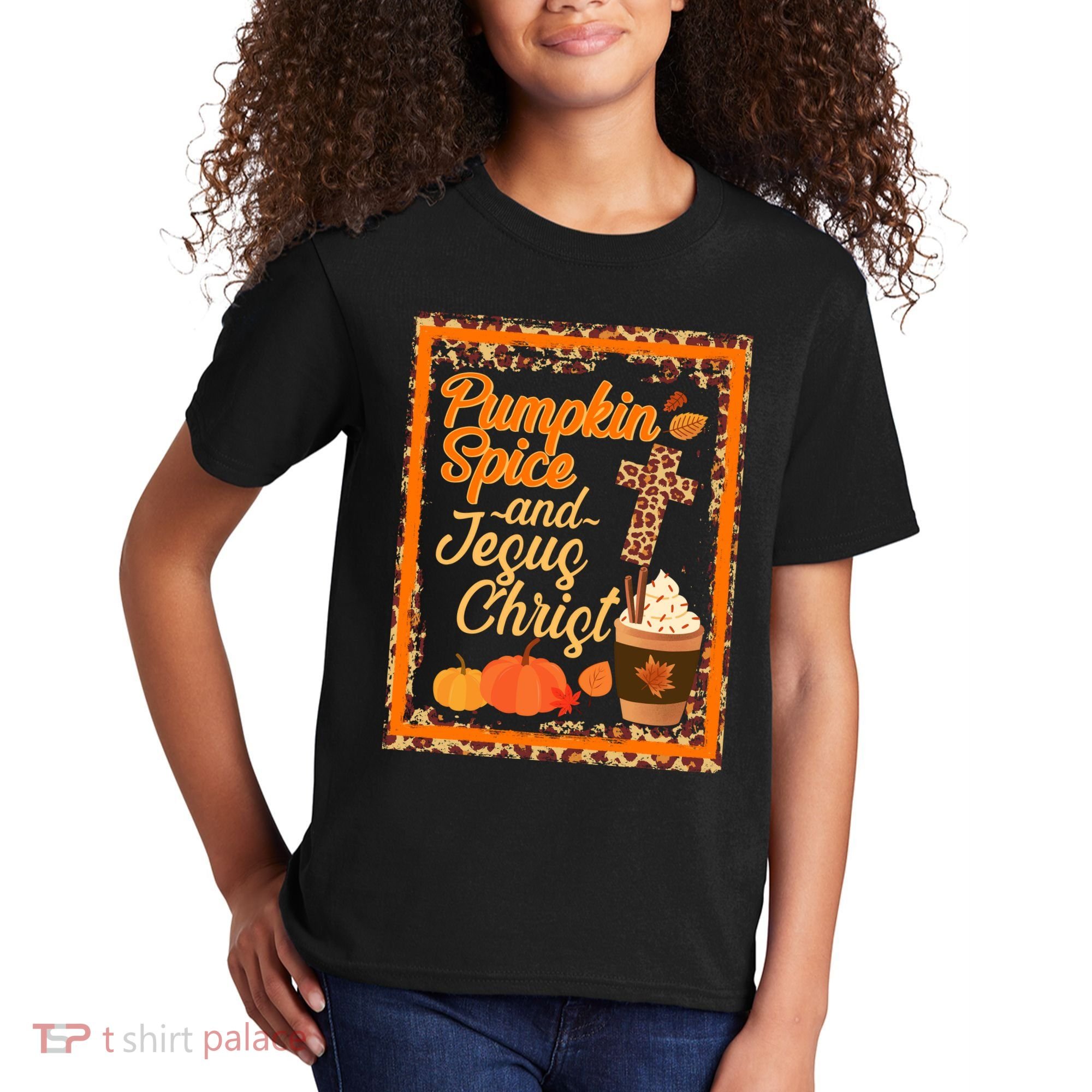 Pumpkin Spice And Jesus Christ Autumn Fall Leopard Print Kids T-Shirt