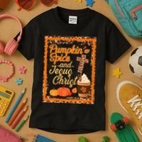 Pumpkin Spice And Jesus Christ Autumn Fall Leopard Print Kids T-Shirt thumb 3