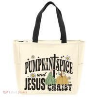 Pumpkin Spice And Jesus Christ Fun Fall Christian Cross Faith Tote Bag thumb 0