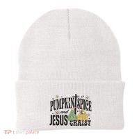 Pumpkin Spice And Jesus Christ Fun Fall Christian Cross Faith Beanie thumb 0