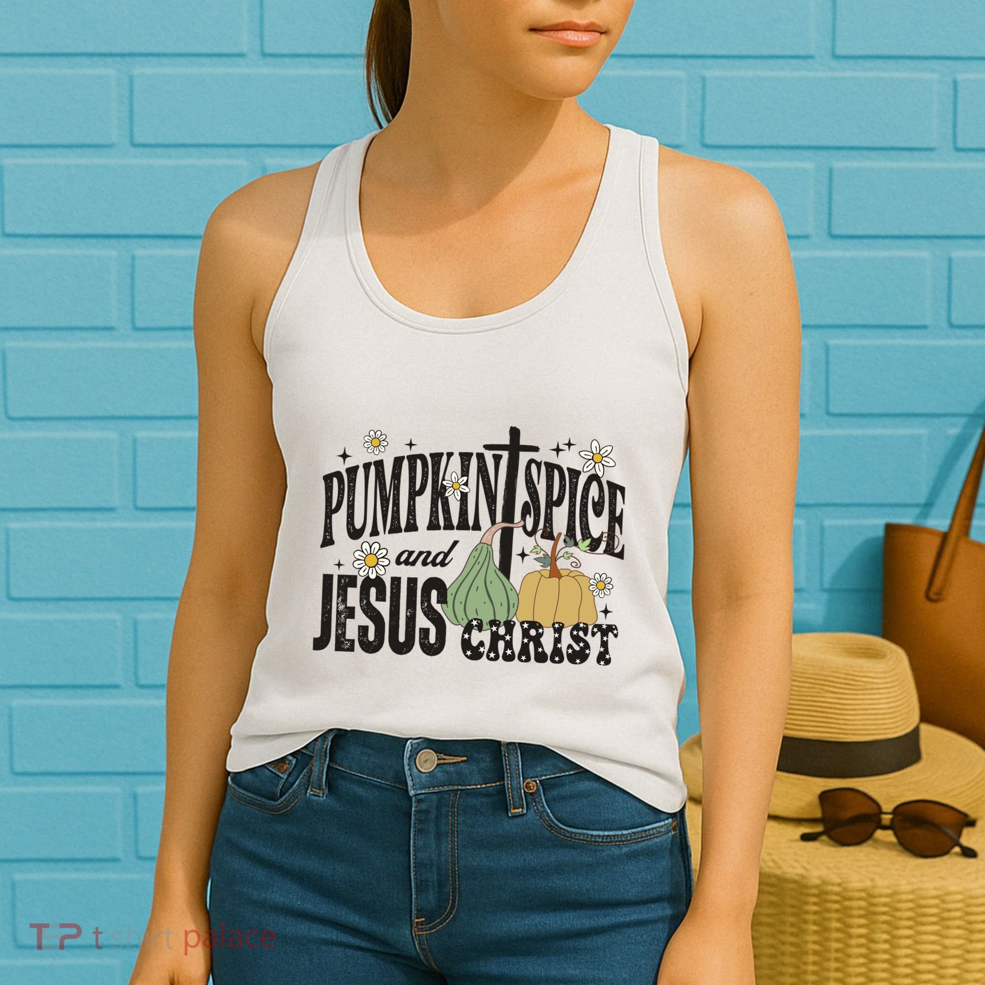 Pumpkin Spice And Jesus Christ Fun Fall Christian Cross Faith Women's Tank Top