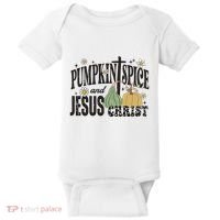 Pumpkin Spice And Jesus Christ Fun Fall Christian Cross Faith Baby Bodysuit thumb 0