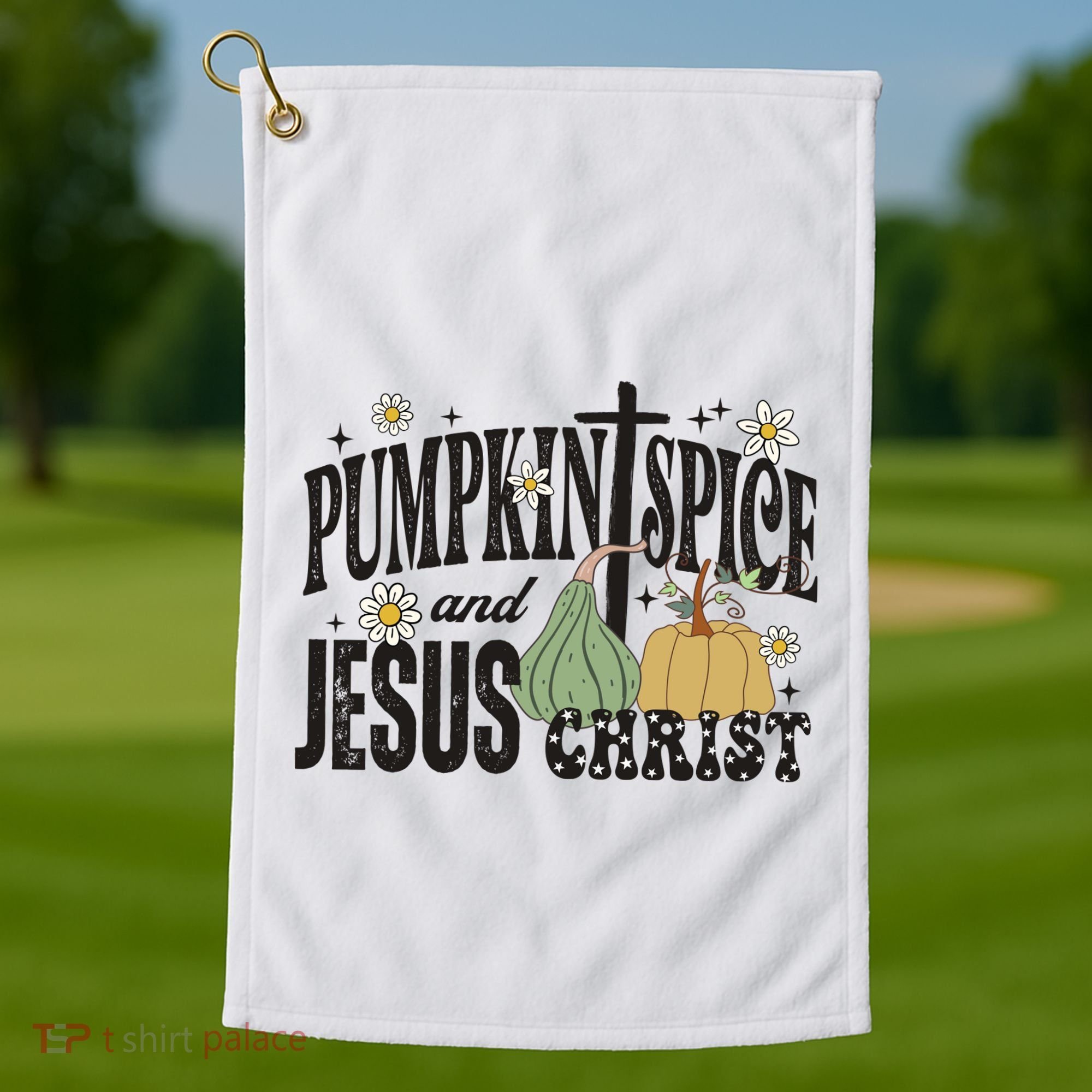 Pumpkin Spice And Jesus Christ Fun Fall Christian Cross Faith Golf Towel