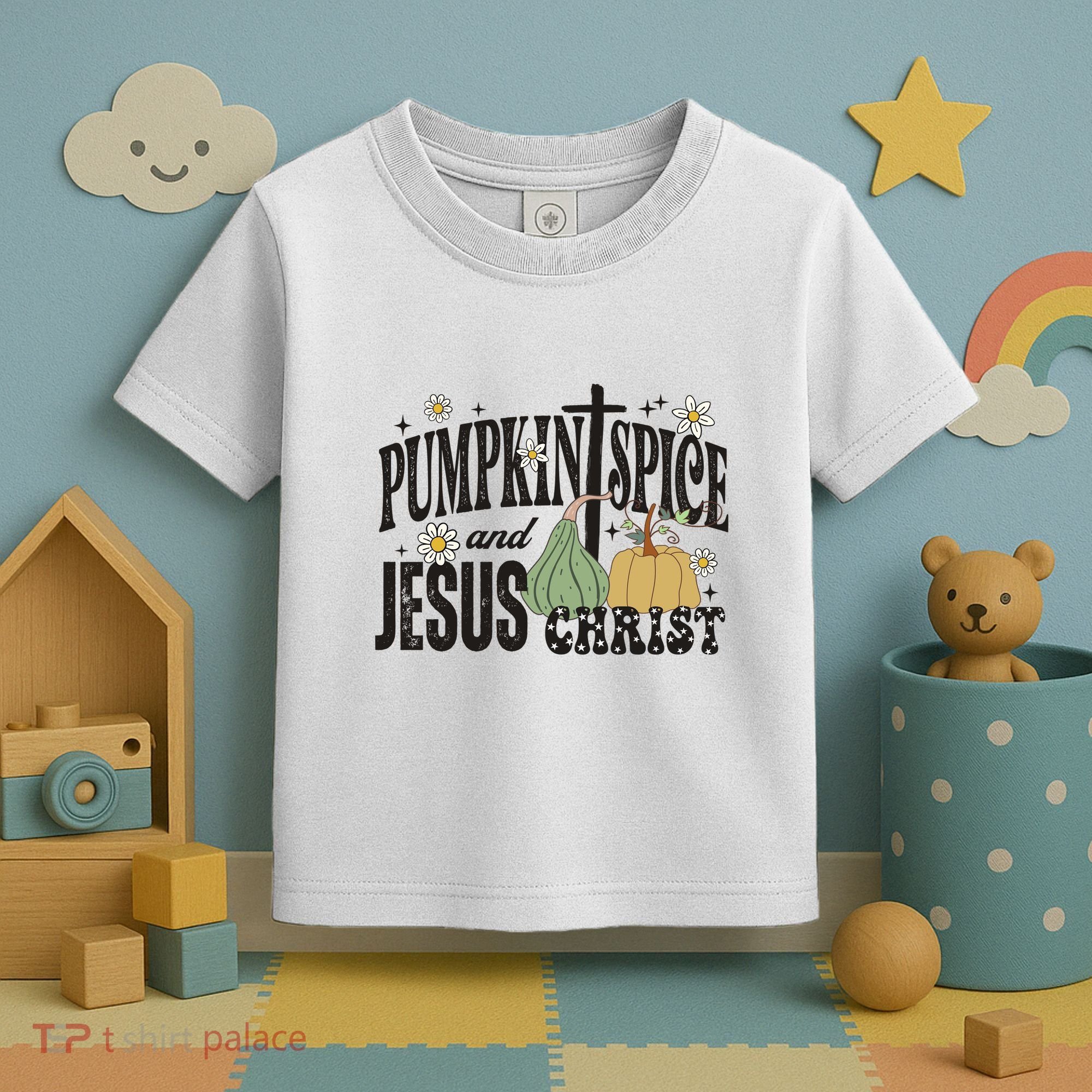 Pumpkin Spice And Jesus Christ Fun Fall Christian Cross Faith Toddler T-Shirt