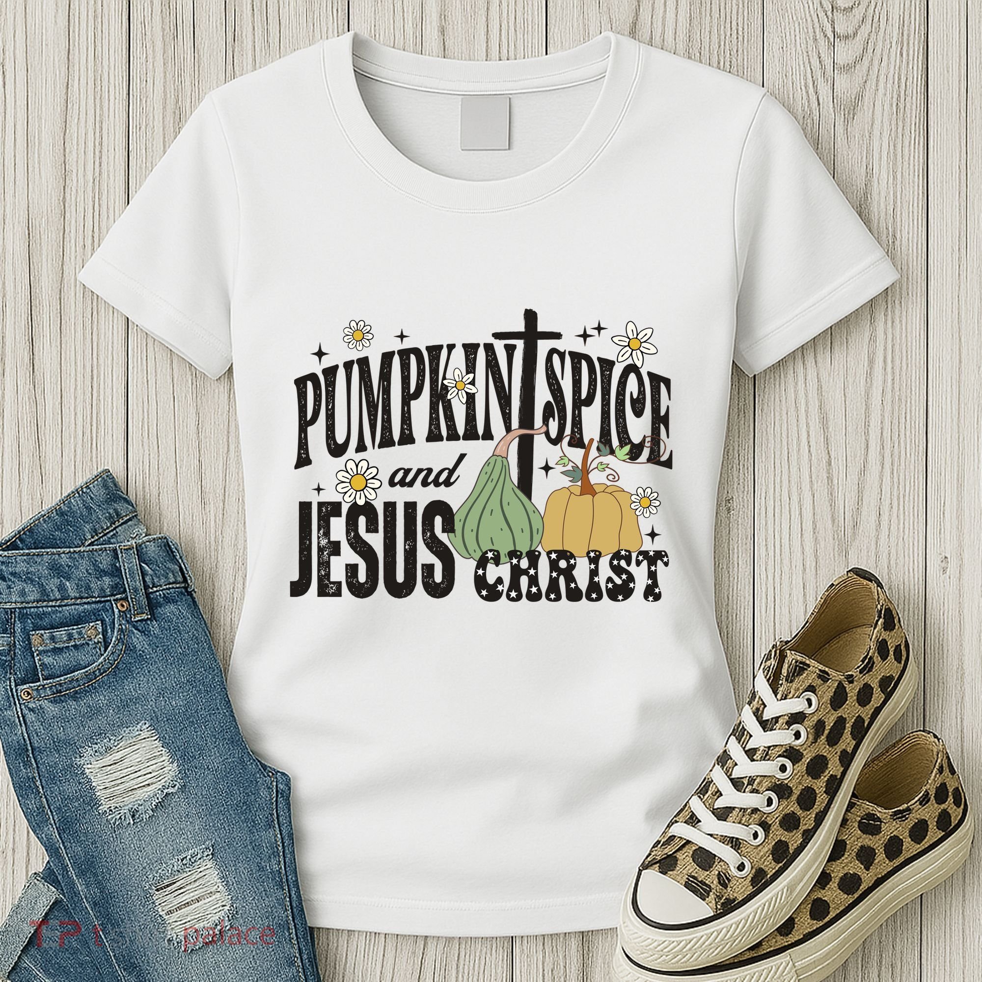 Pumpkin Spice And Jesus Christ Fun Fall Christian Cross Faith Women's T-Shirt